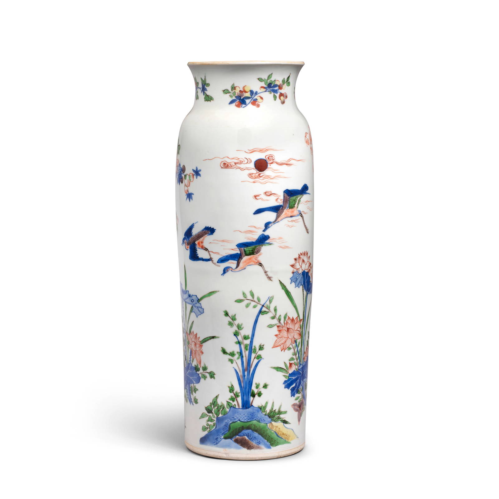 A WUCAI 'DESCENDING GEESE' SLEEVE VASE Shunzhi