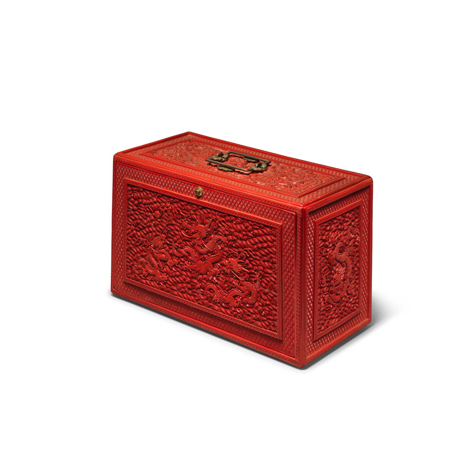 A RARE CARVED CINNABAR LACQUER 'NINE DRAGONS' PORTABLE CABINET AND COVER Qianlong (5)