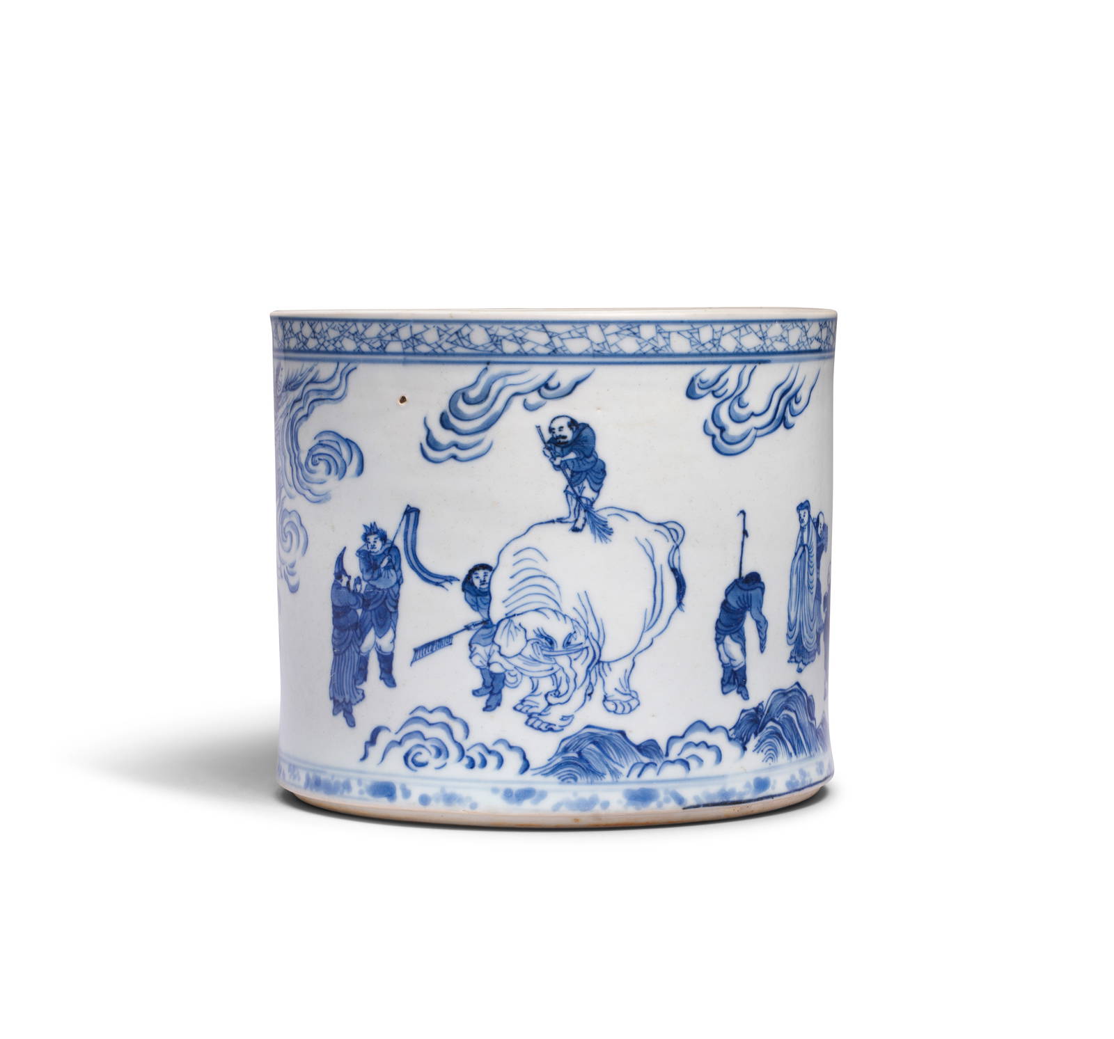 A RARE AND LARGE BLUE AND WHITE 'PERSIANS WASHING THE ELEPHANT' BRUSHPOT, BITONG Kangxi