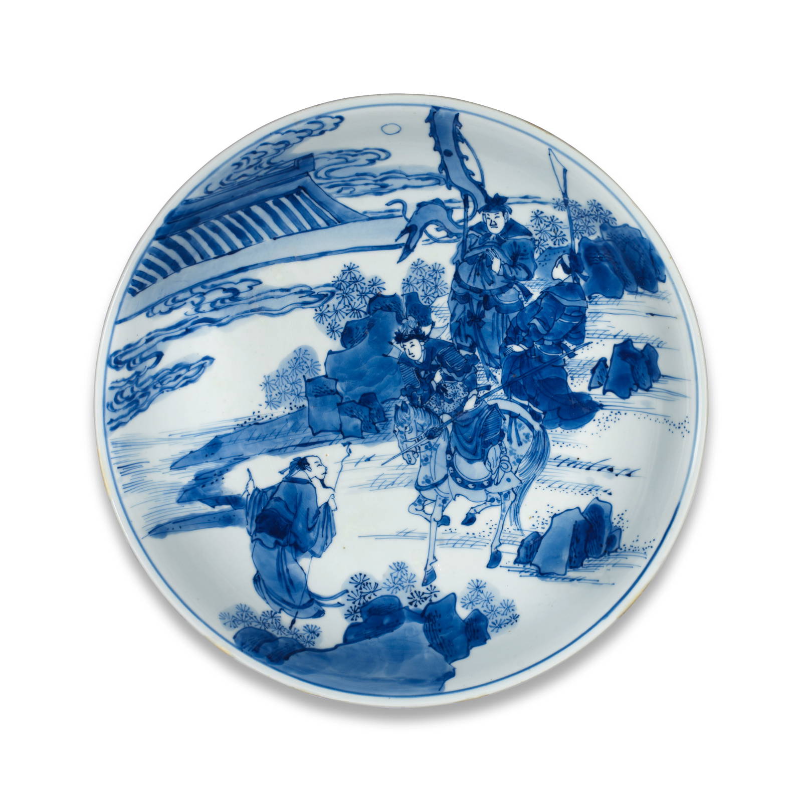 A LARGE BLUE AND WHITE 'ROMANCE OF THE THREE KINGDOMS' SAUCER-DISH Kangxi six-character mark and...