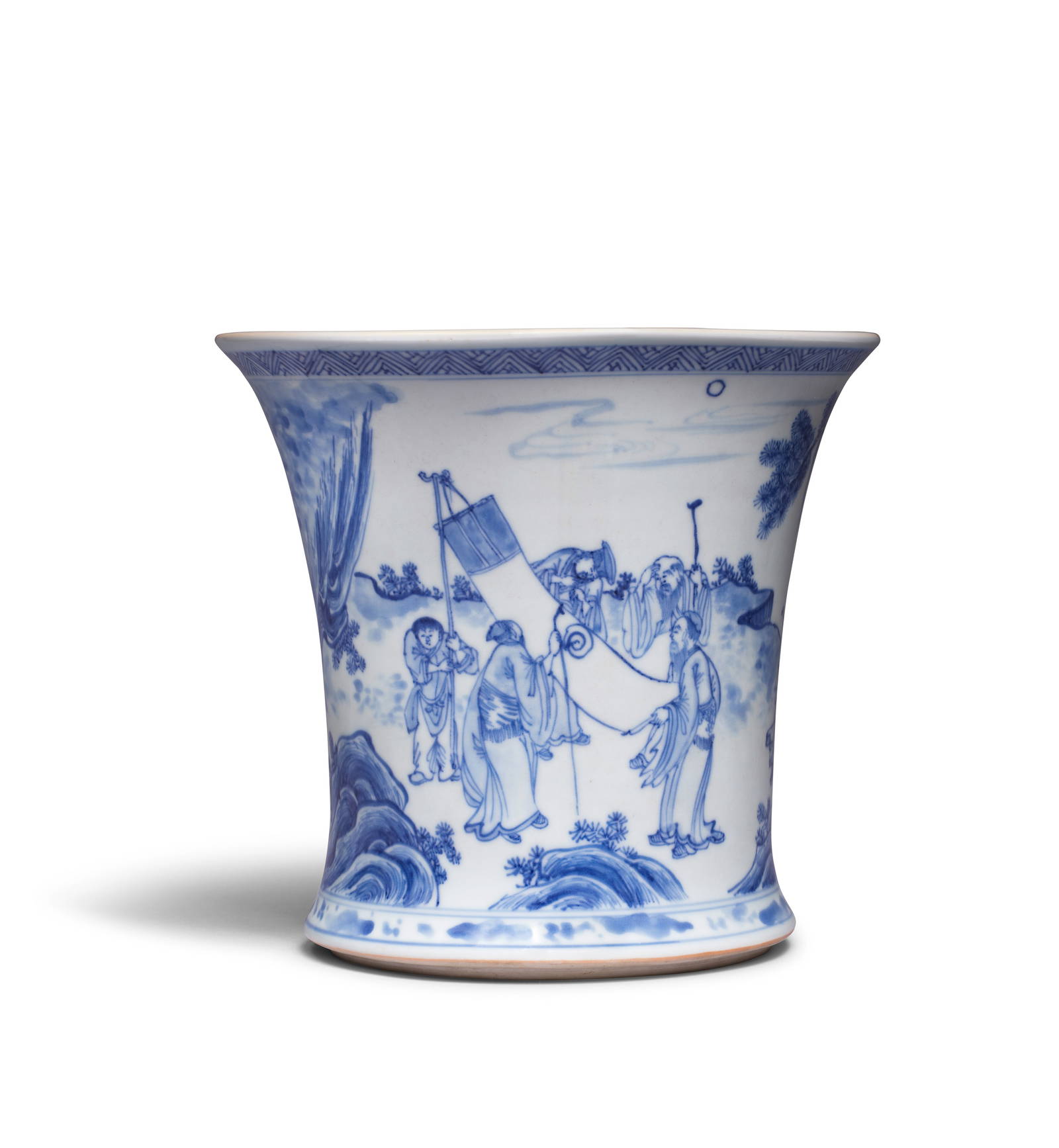 A VERY RARE BLUE AND WHITE 'SAGES CONTEMPLATING THE DAO' BRUSHPOT, BITONG Kangxi four-character ...