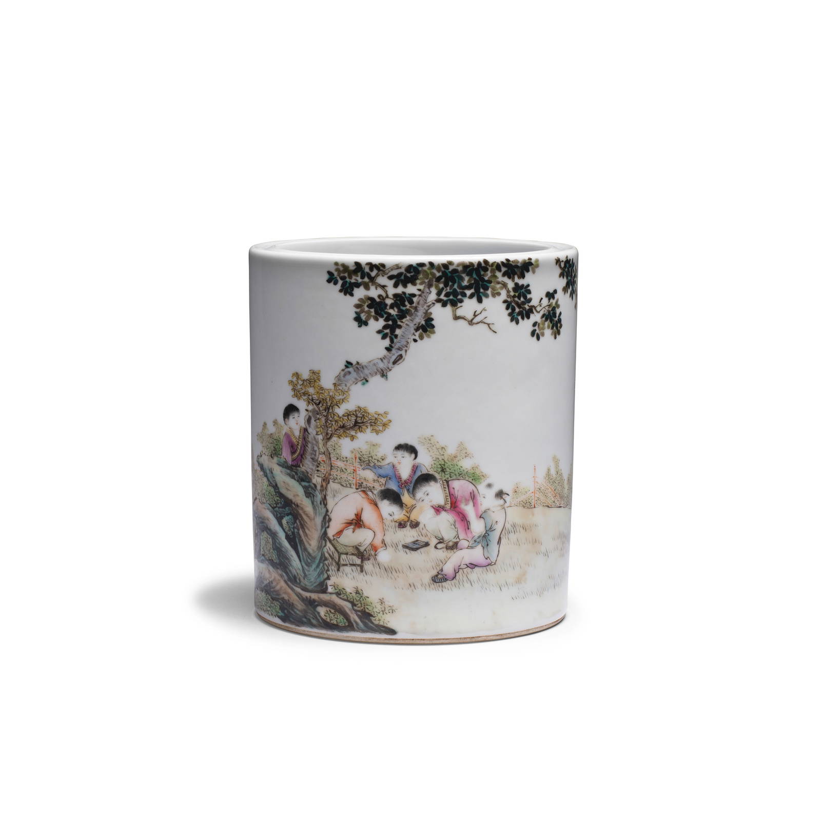 A FAMILLE ROSE 'CRICKET FIGHT' BRUSHPOT, BITONG Xihua xuan zhu seal mark, cyclically dated to t...