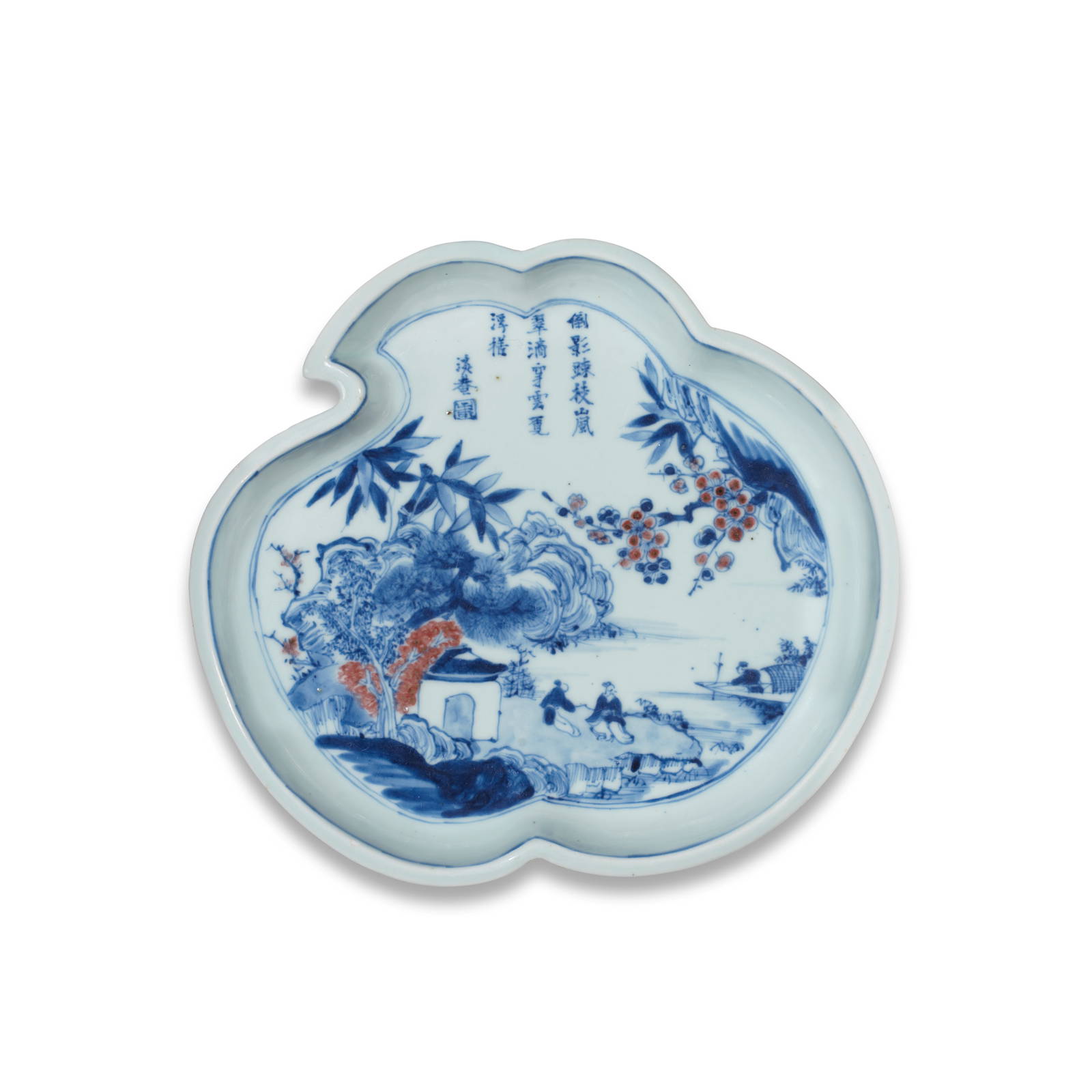 A RARE BLUE AND WHITE AND COPPER-RED PEACH-SHAPED DISH Kangxi (2)