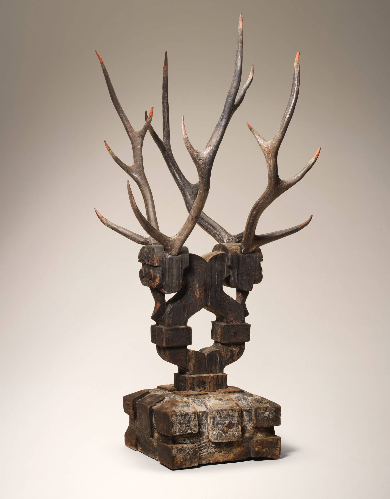 A RARE PAINTED AND LACQUERED WOOD DOUBLE-HEADED ANTLERED TOMB GUARDIAN, ZHENMUSHOU Chu Kingdom, ...