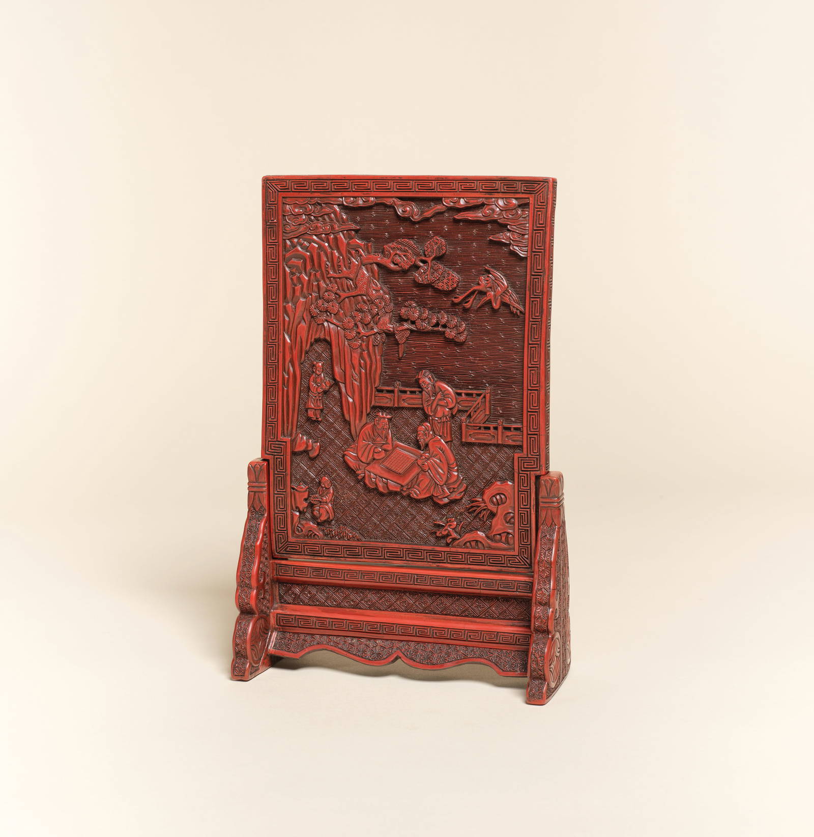 A CARVED CINNABAR LACQUER DOUBLE-SIDED TABLE SCREEN 17th century (2)