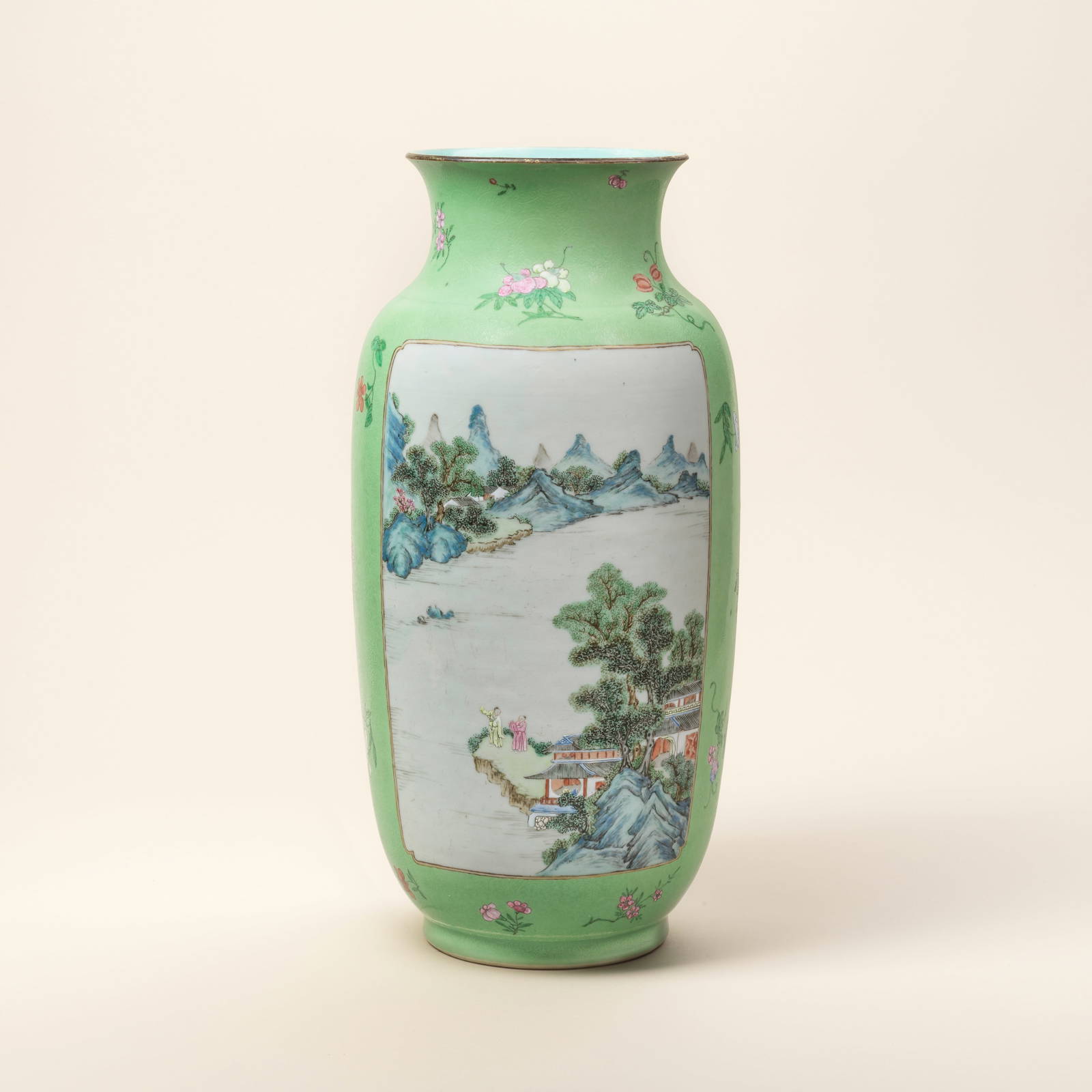 A FAMILLE ROSE SGRAFFIATO LIME-GREEN-GROUND LANTERN VASE Qianlong seal mark, late Qing Dynasty/R...