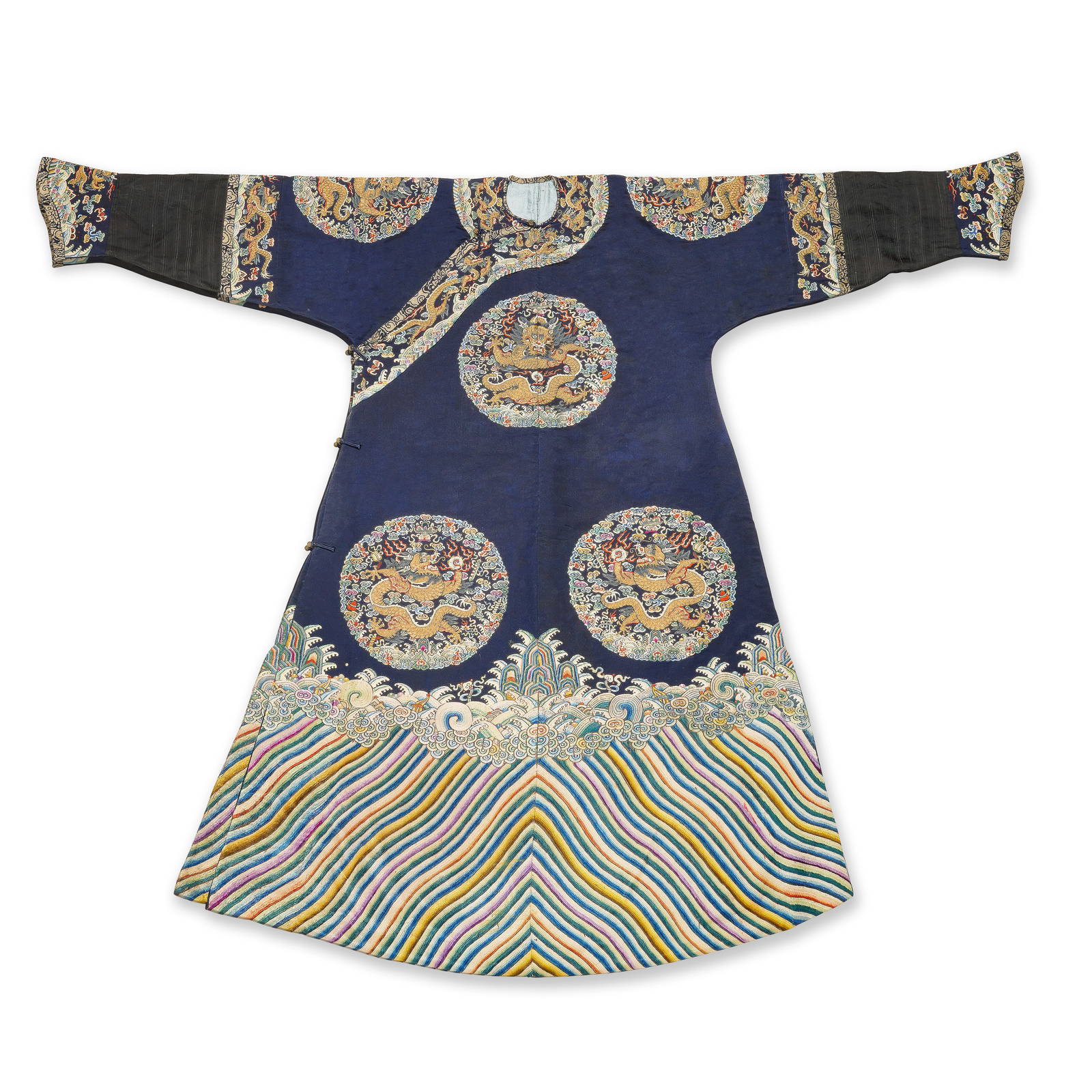 A RARE IMPERIAL MIDNIGHT-BLUE-GROUND 'DRAGON ROUNDEL' EMBROIDERED ROBE, JIFU Circa 1870