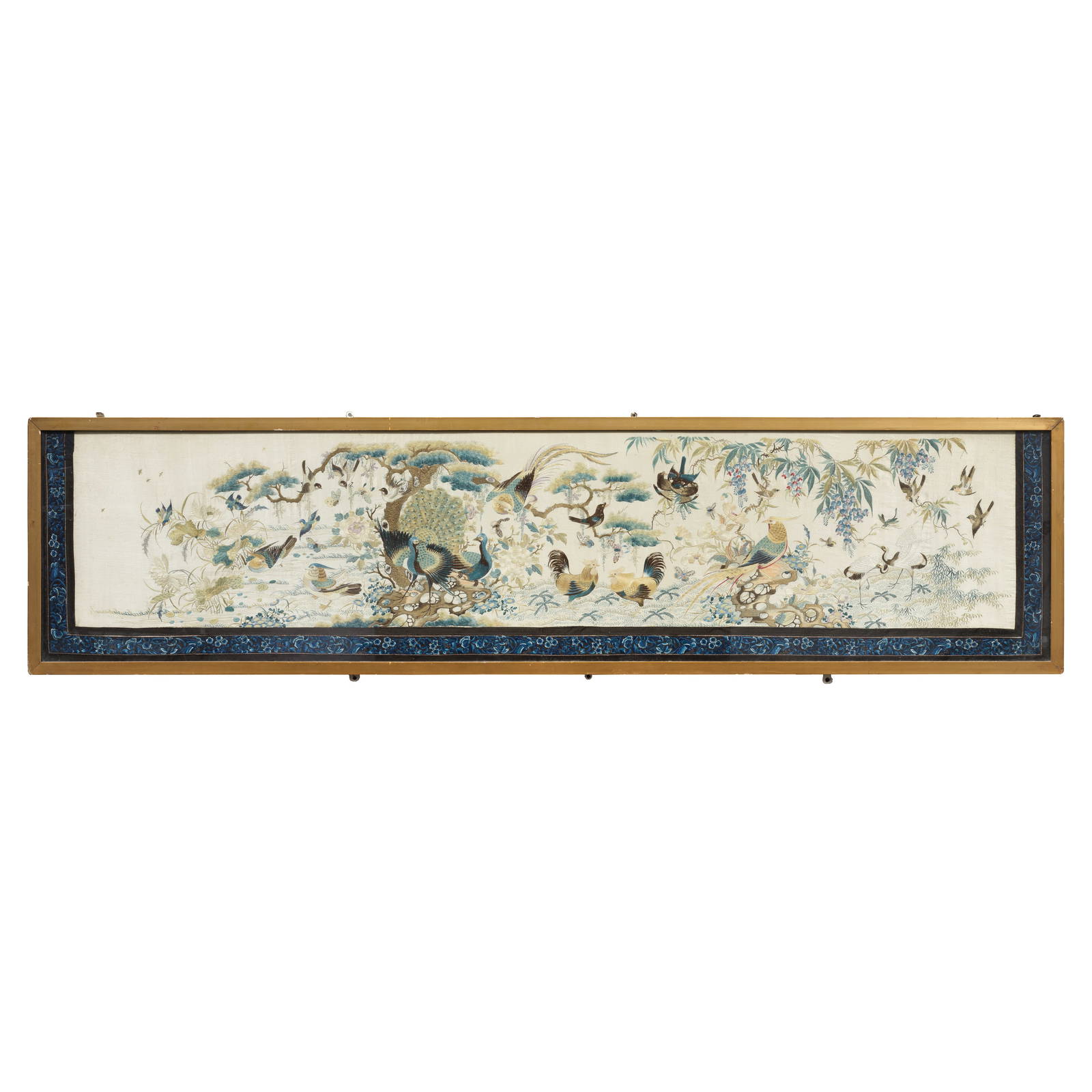 A LARGE EMBROIDERED SILK 'HUNDRED BIRDS' PANEL 19th century