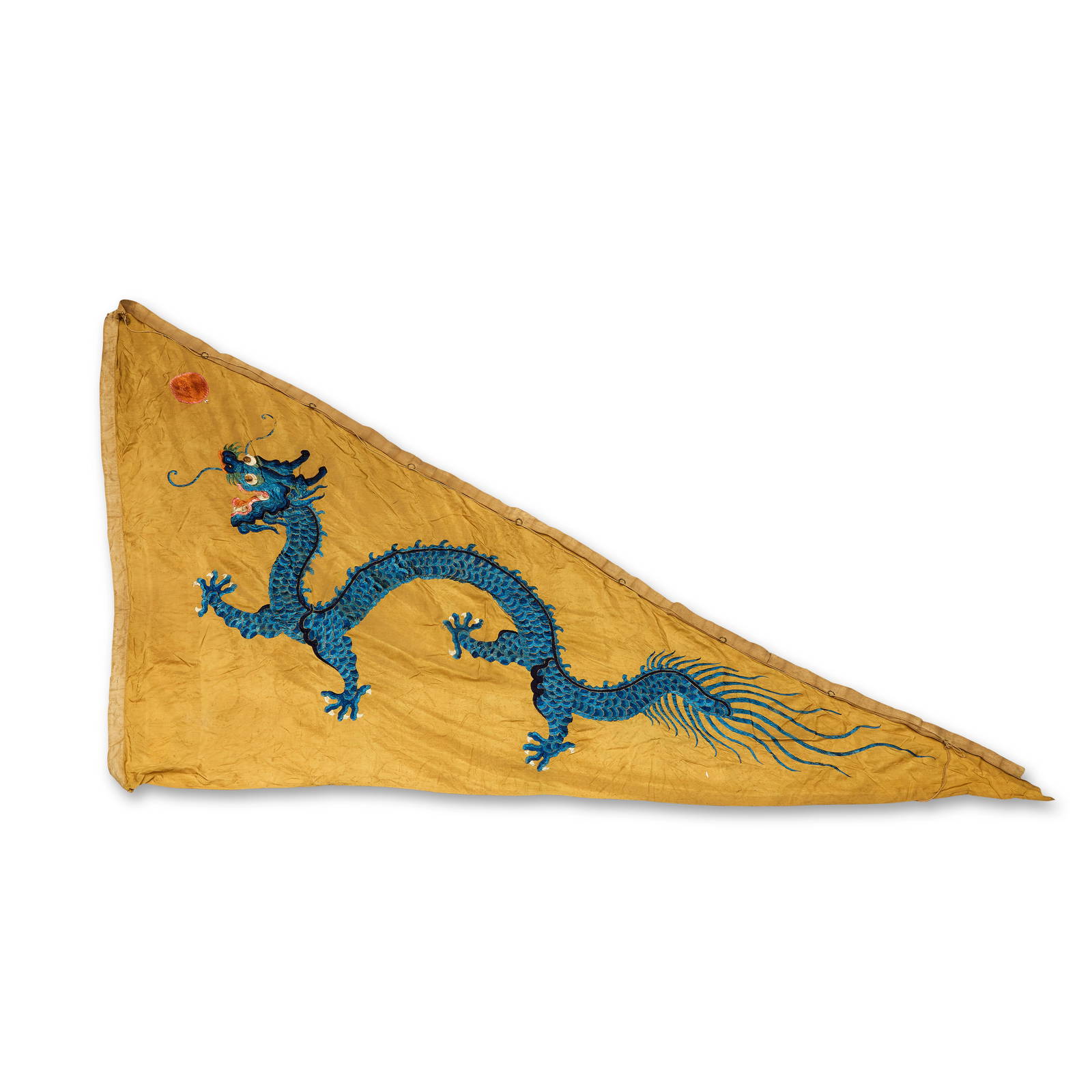 AN EMBROIDERED DOUBLE-SIDED YELLOW SILK 'DRAGON' BANNER Late Qing Dynasty, 1861-1888
