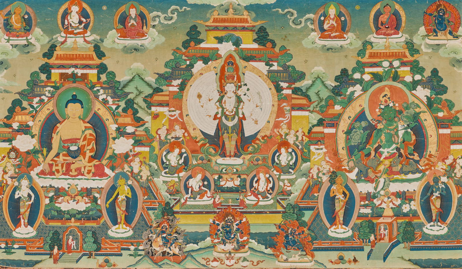 A LARGE THANGKA OF AVALOKITESHVARA WITH GAUTAMA BUDDHA AND GREEN TARA 19th century