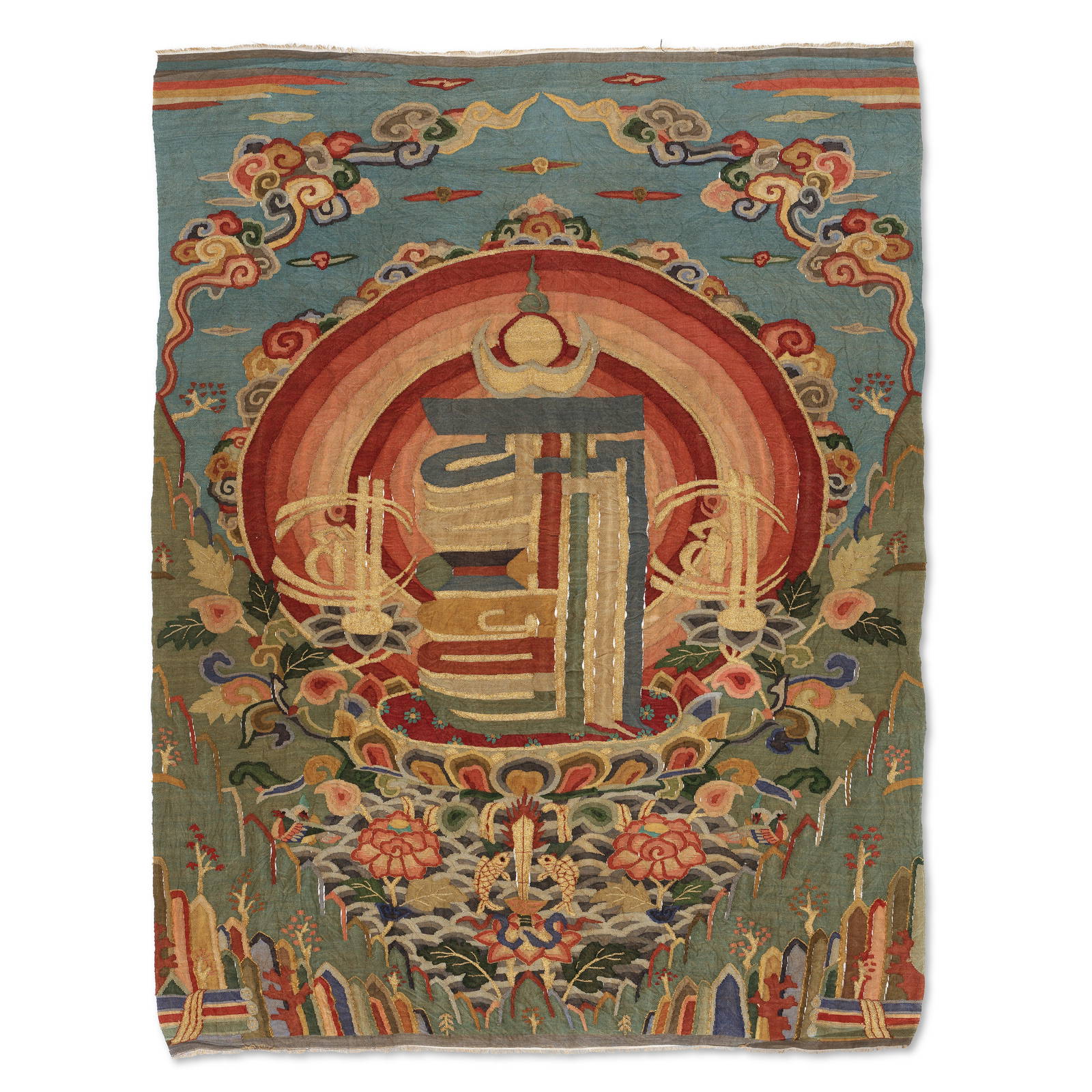 A WOVEN KESI THANGKA OF KALACHAKRA MANTRA MONOGRAM 18th century