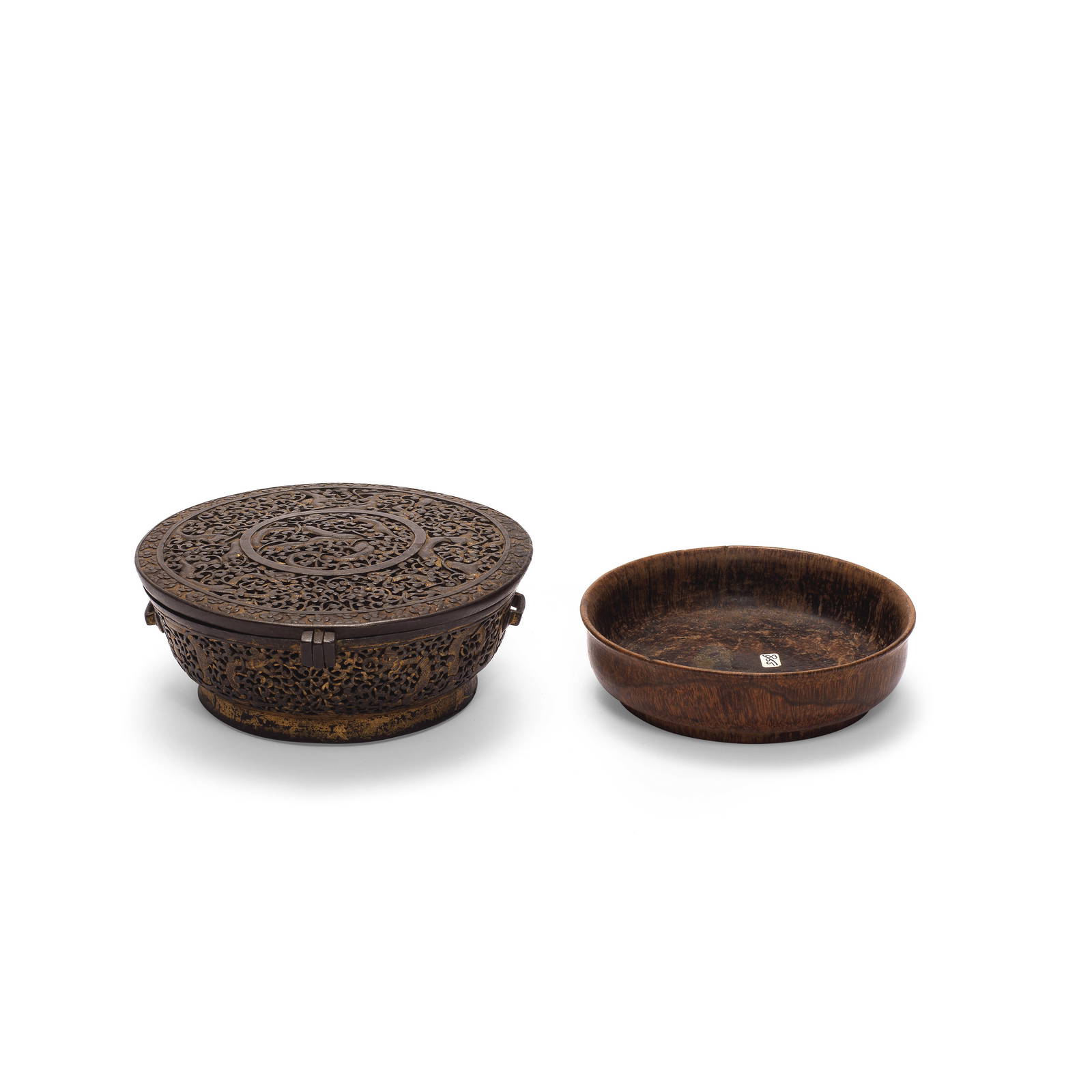 A GOLD-DAMASCENED IRON 'NINE DRAGONS' BOWL CASE AND COVER Tibet, circa 15th century (3)