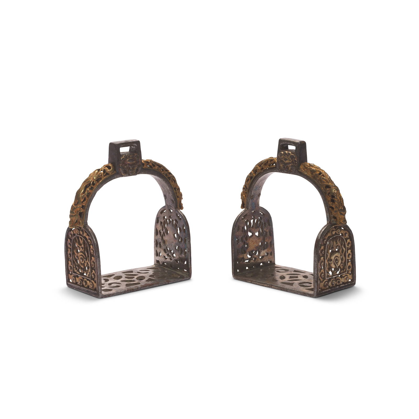 A PAIR OF SILVER AND GOLD DAMASCENED IRON STIRRUPS, YOB Tibet, circa 15th/17th century (2)