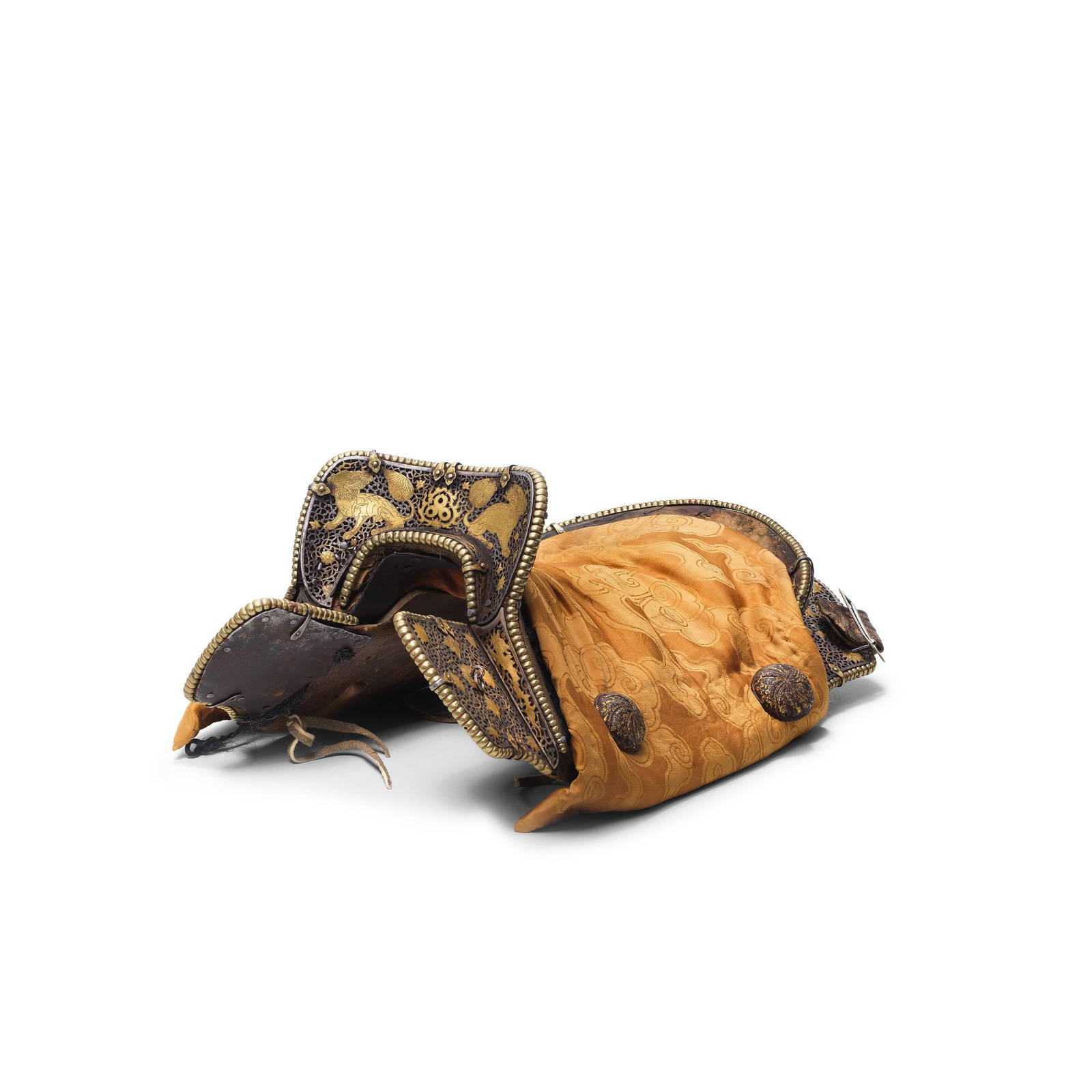 A GOLD-AND-SILVER-DAMASCENED IRON DECORATED SADDLE, GSER SGA Tibet, circa 15th/17th century