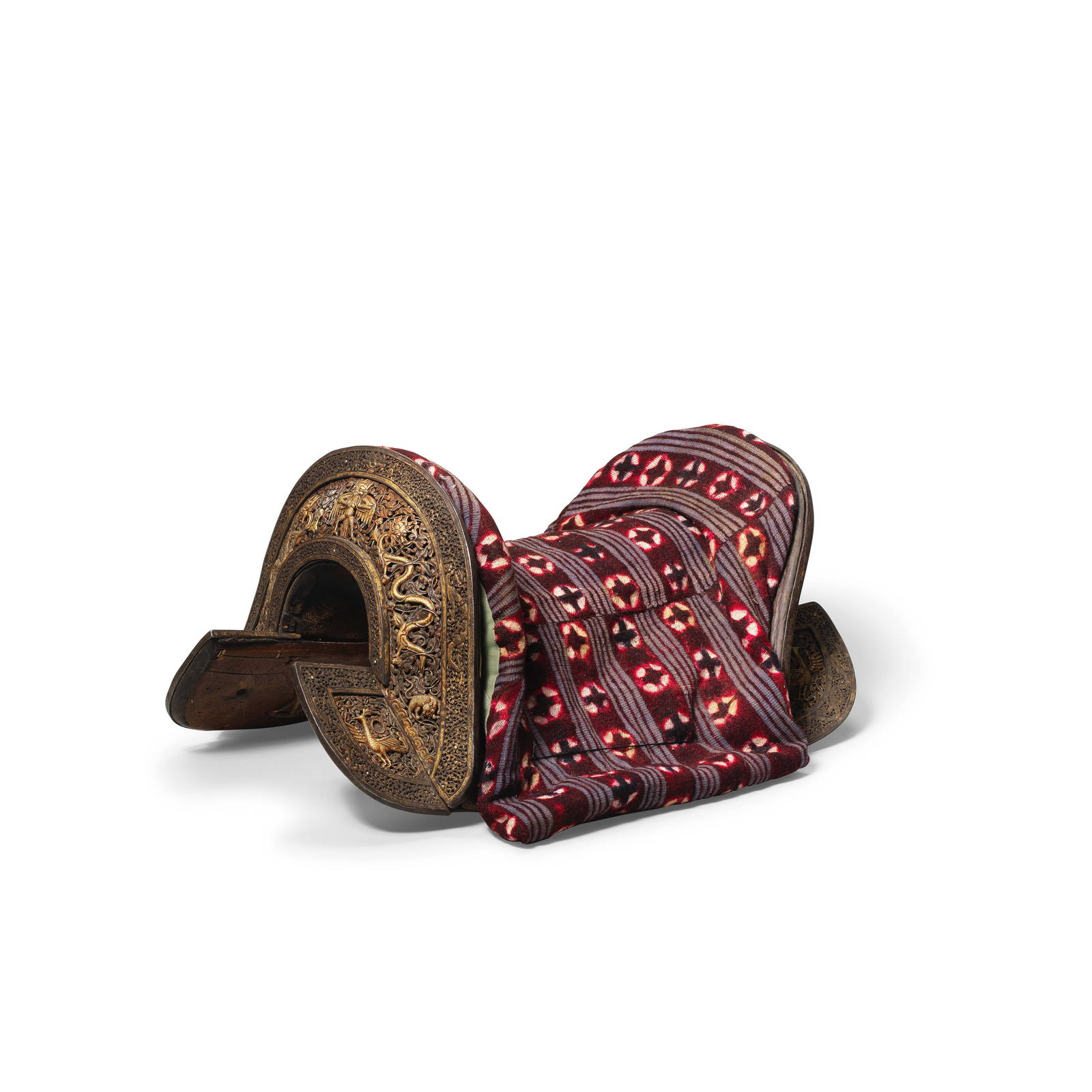 A GOLD-AND-SILVER-DAMASCENED IRON DECORATED SADDLE, GSER SGA Tibet, circa 15th/17th century