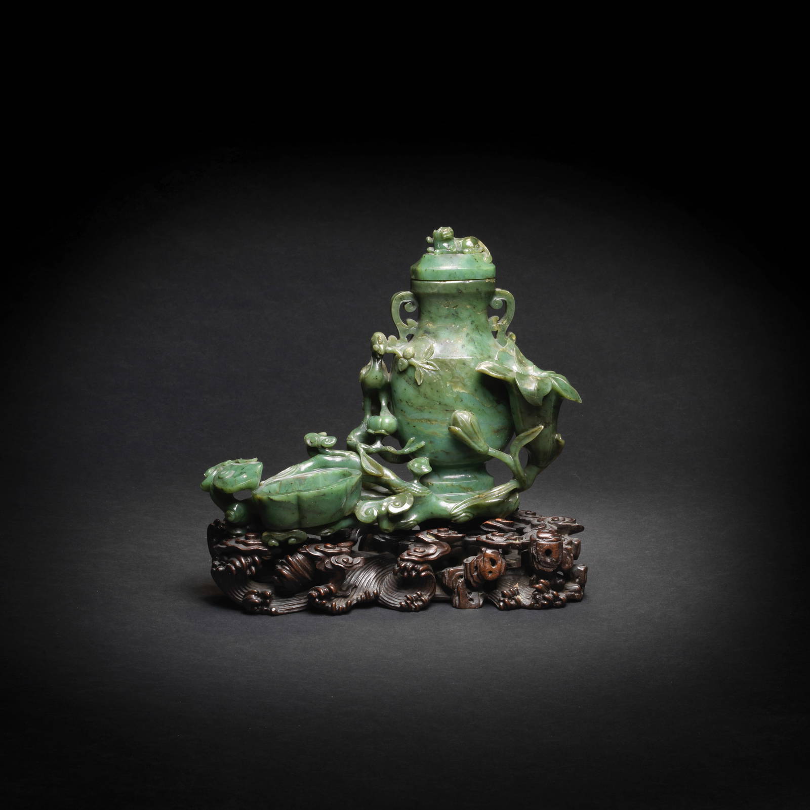 A VERY FINE SPINACH-GREEN JADE VASE, COVER AND WATERPOT GROUP Qianlong (4)