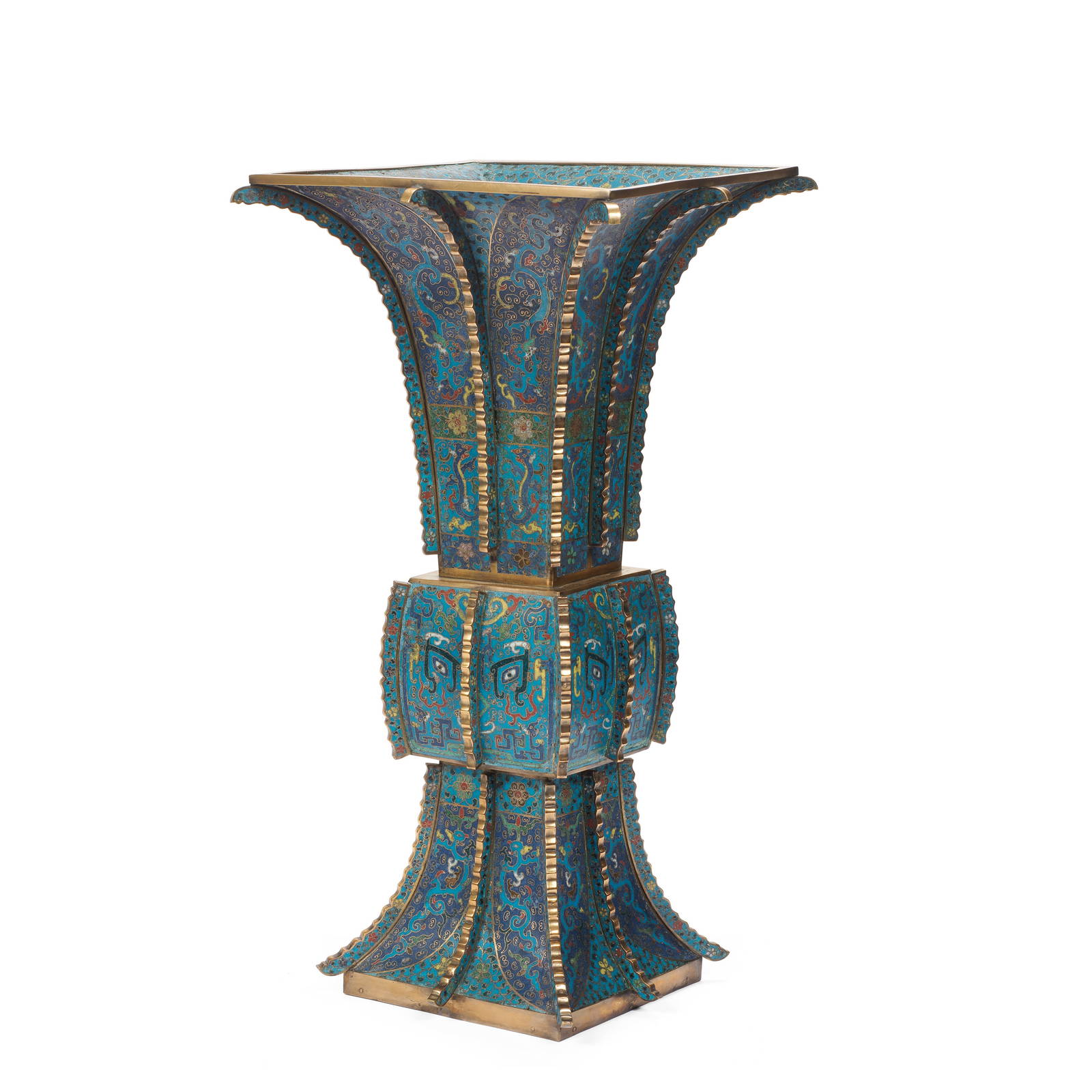 A LARGE GILT BRONZE AND CLOISONNÉ ENAMEL VASE, FANGGU Jingtai four-character mark, Kangxi