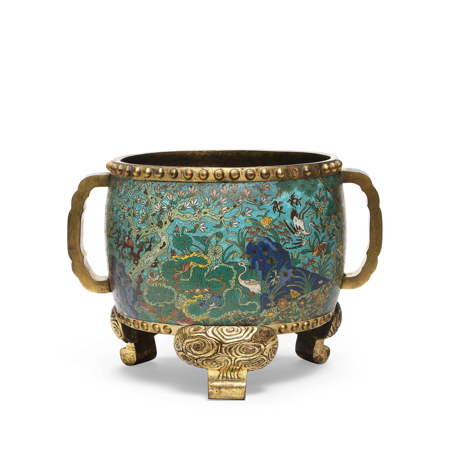 A MASSIVE GILT BRONZE AND CLOISONNÉ ENAMEL 'HUNDRED BIRDS' INCENSE BURNER Jingtai four-char...