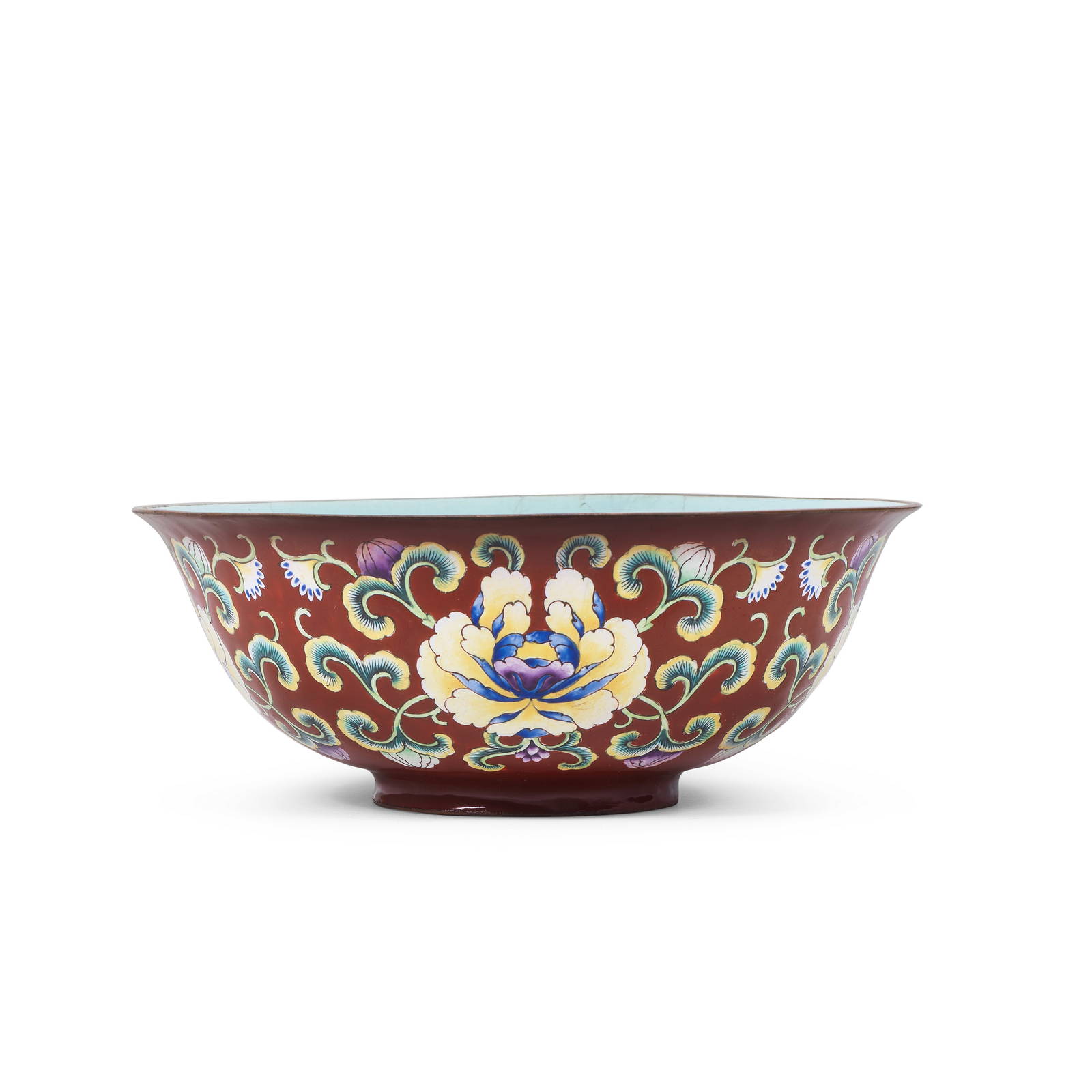 AN IMPERIAL-TRIBUTE PAINTED ENAMEL RUBY-GROUND 'PEONY' BOWL Qianlong seal mark and of the period