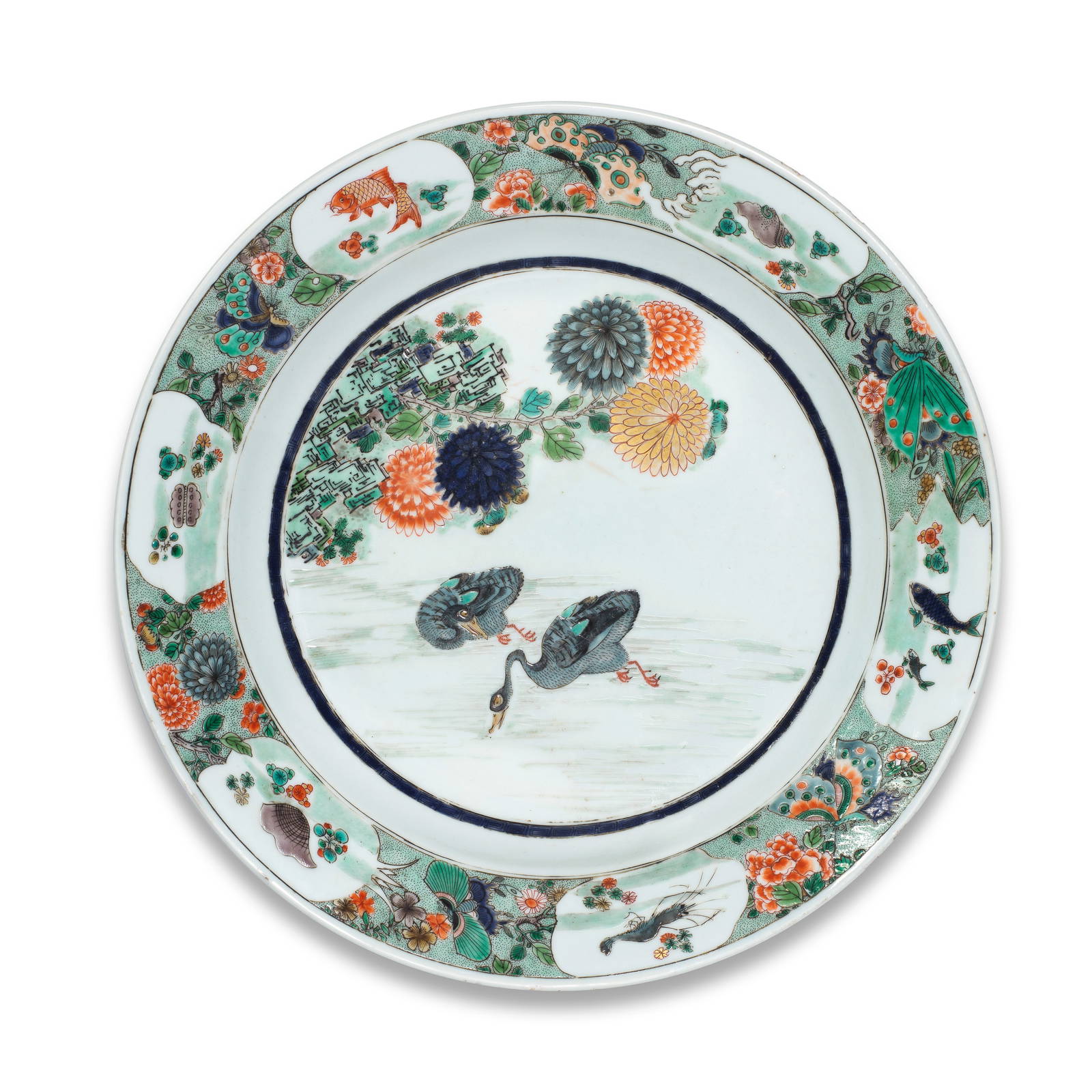 A FAMILLE VERTE 'GEESE AND CHRYSANTHEMUMS' DISH Kangxi