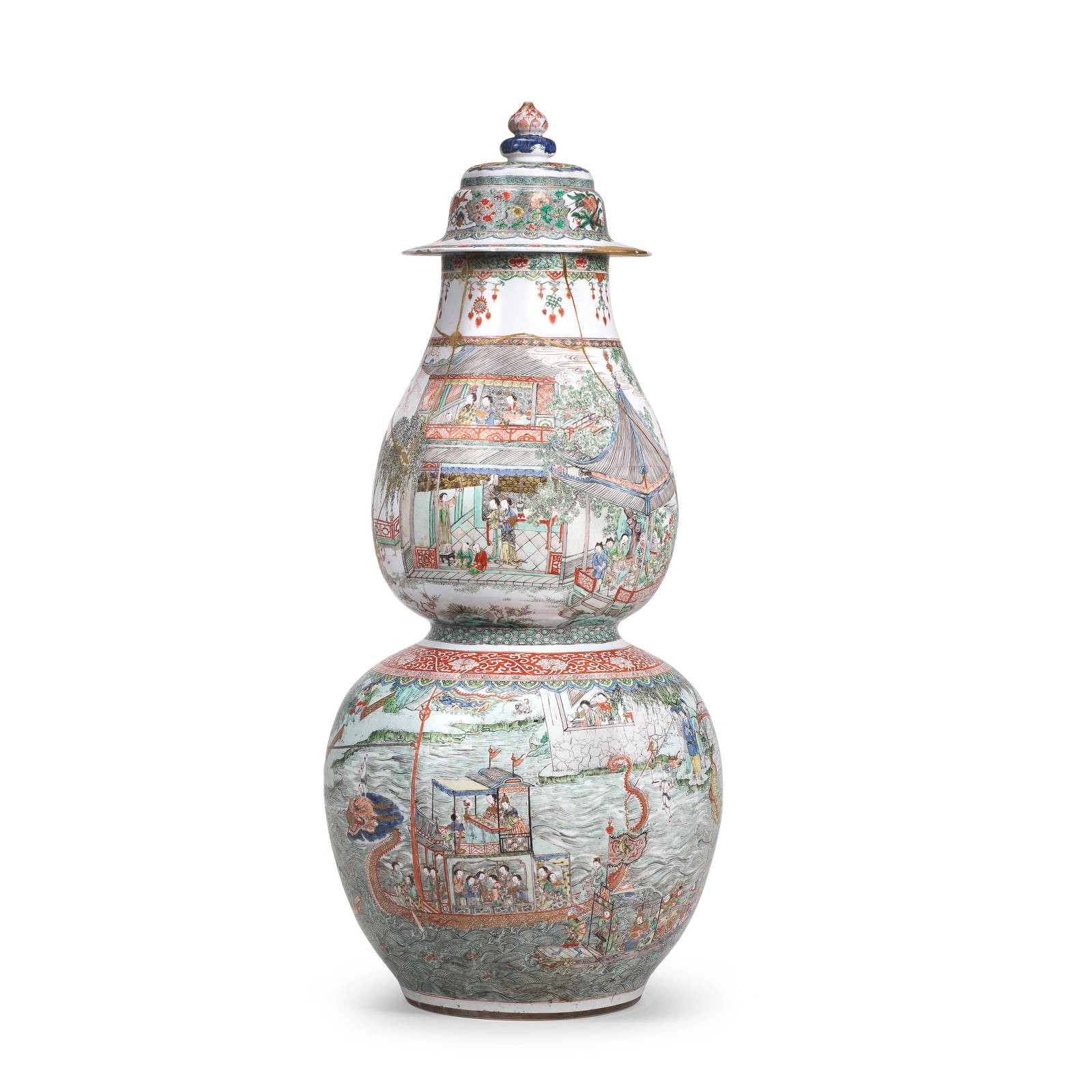 A SUPERB VERY LARGE FAMILLE VERTE 'SUI YANGDI'S DRAGON BARGE' DOUBLE-GOURD VASE AND COVER Kangx...