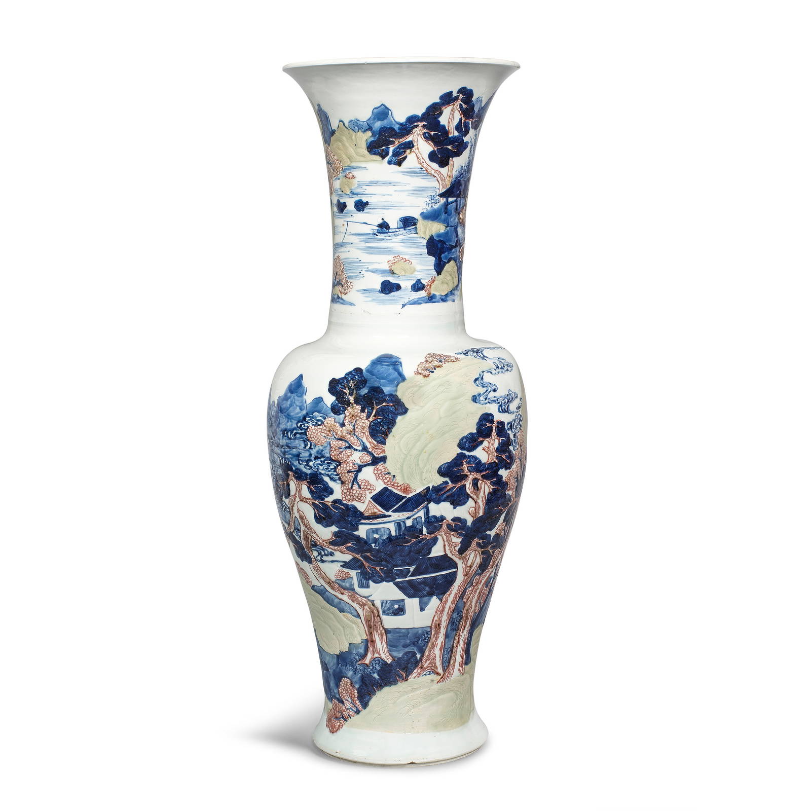 A VERY LARGE BLUE AND WHITE, COPPER-RED AND CELADON-GLAZED 'LANDSCAPE' VASE Kangxi