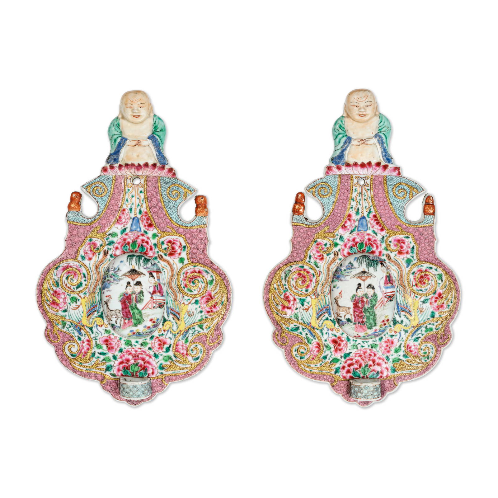 A RARE PAIR OF FAMILLE ROSE WALL SCONCES 18th century (2)