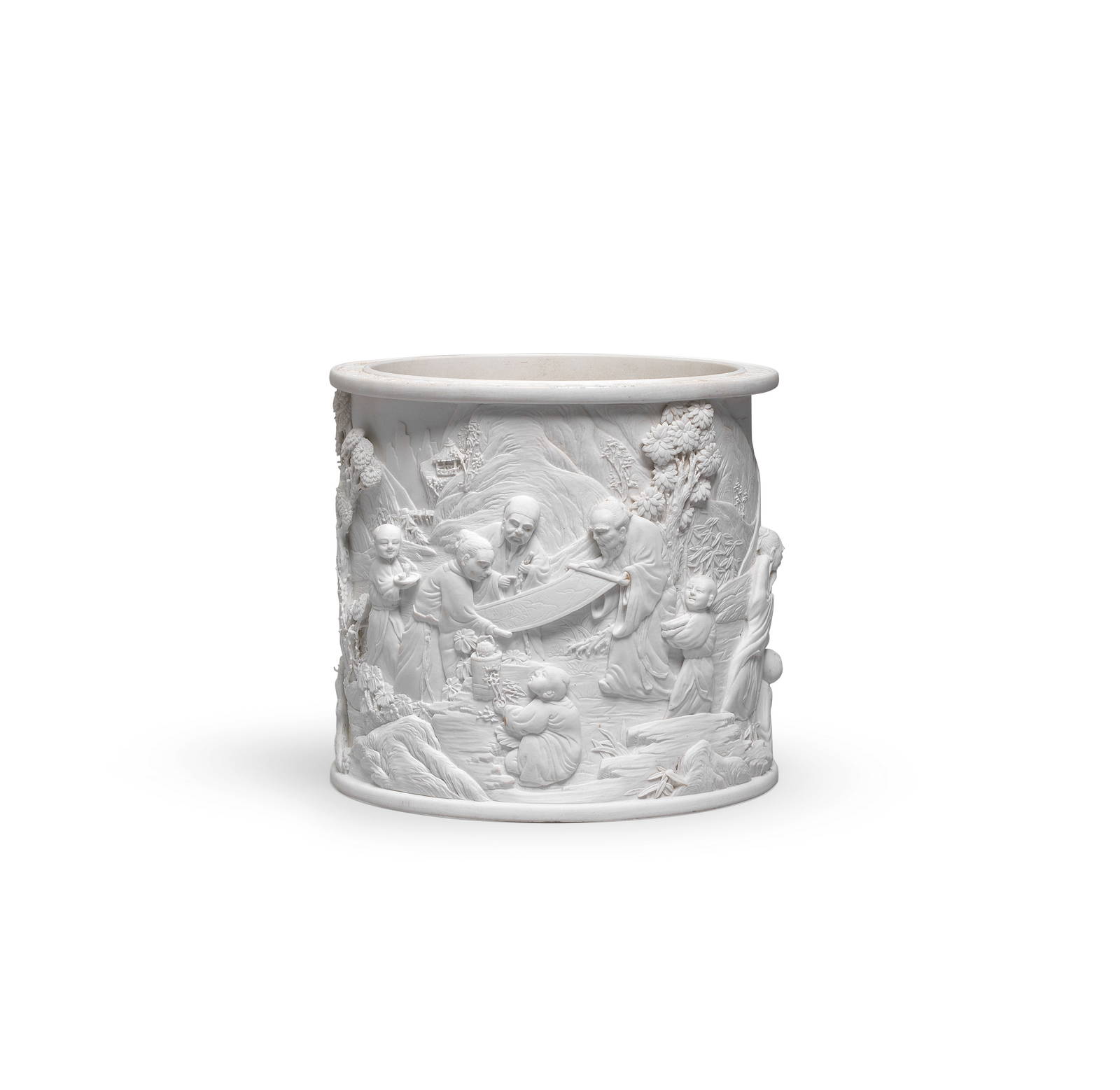 A CARVED WHITE BISCUIT-PORCELAIN 'SEVEN SAGES OF THE BAMBOO GROVE' BRUSHPOT, BITONG Daoguang sea...