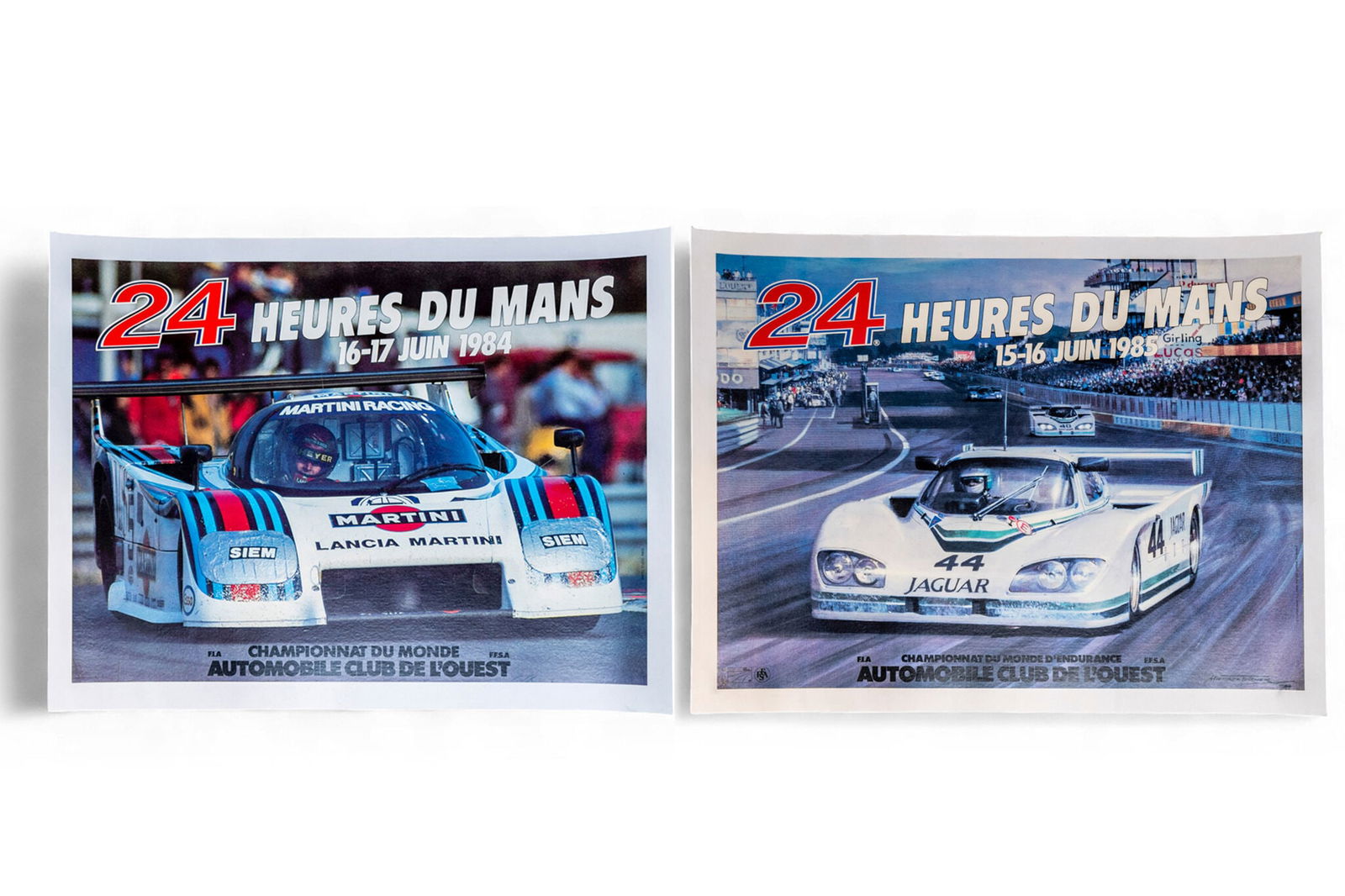 A group of two 1980s 24 Heures Du Mans posters,: A group of two 1980s 24 Heures Du Mans posters, full color poster on paper, archivally linen backed, 1984 is a photo image of the Lancia Martini car and the 1985 is an illustration by Michael Turner,