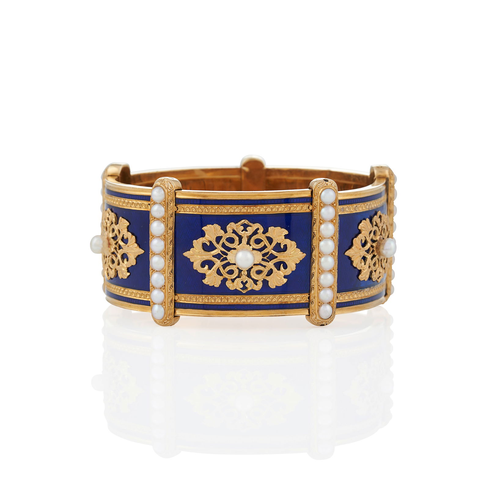 AN ANTIQUE 18K GOLD, ENAMEL, AND PEARL BRACELET, FRANCE (1 of 1)