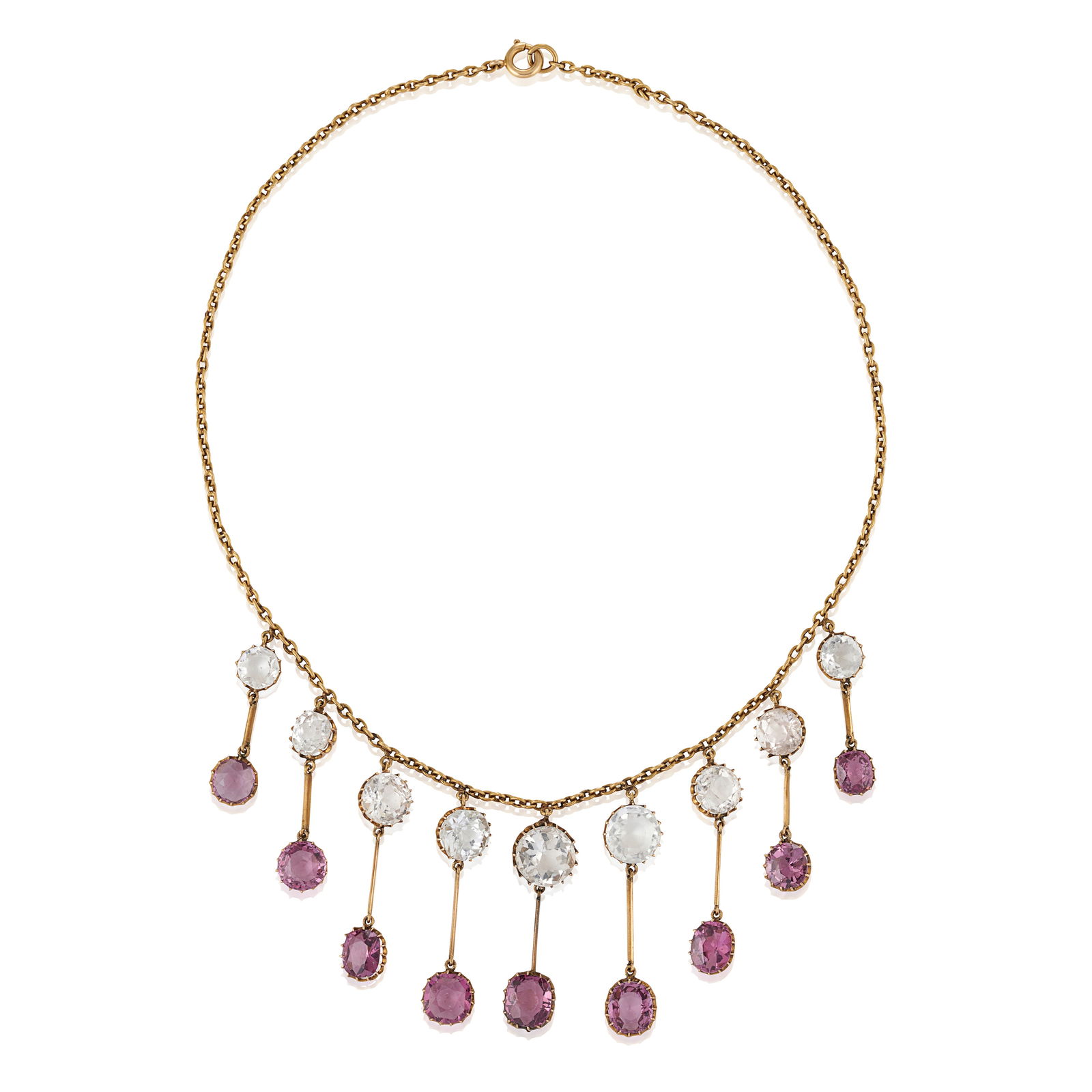 AN ANTIQUE GOLD GEM-SET FRINGE NECKLACE, CIRCA 1900: AN ANTIQUE GOLD GEM-SET FRINGE NECKLACE, CIRCA 1900 Suspending circular and fancy-cut colorless quartz and spinel fringe, weight 15.2 dwt, length 14 7/8 in.