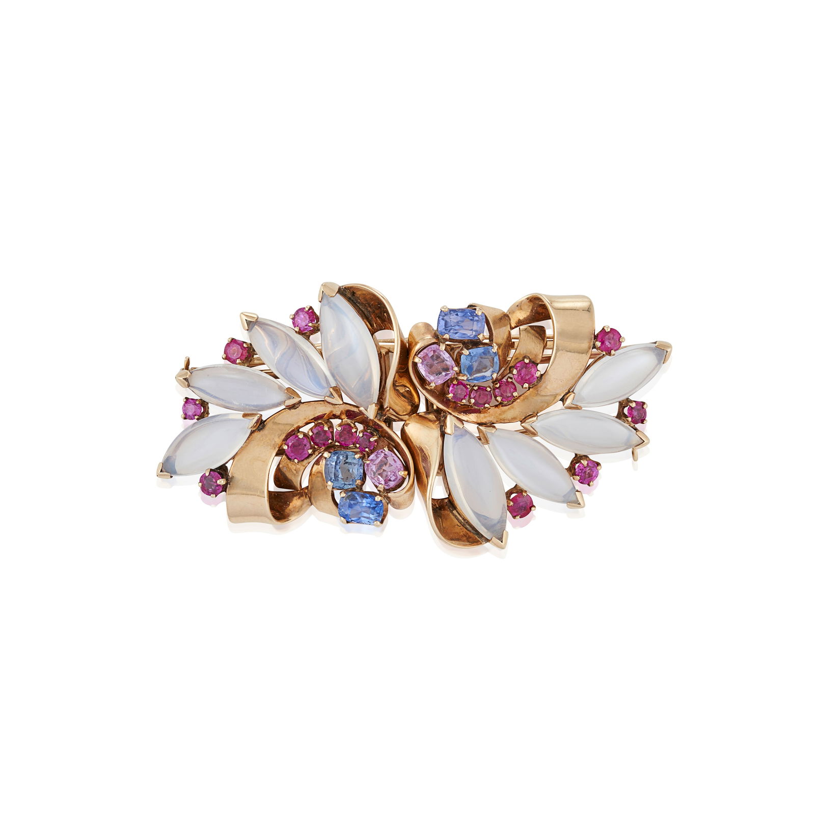 A PAIR OF RAYMOND YARD MOONSTONE, SAPPHIRE, AND RUBY DRESS CLIPS, CIRCA 1940s: A PAIR OF RAYMOND YARD MOONSTONE, SAPPHIRE, AND RUBY DRESS CLIPS, CIRCA 1940s Set with graduating navette-shape cabochon moonstones, sapphires and fancy-color sapphires, and circular-cut rubies, with