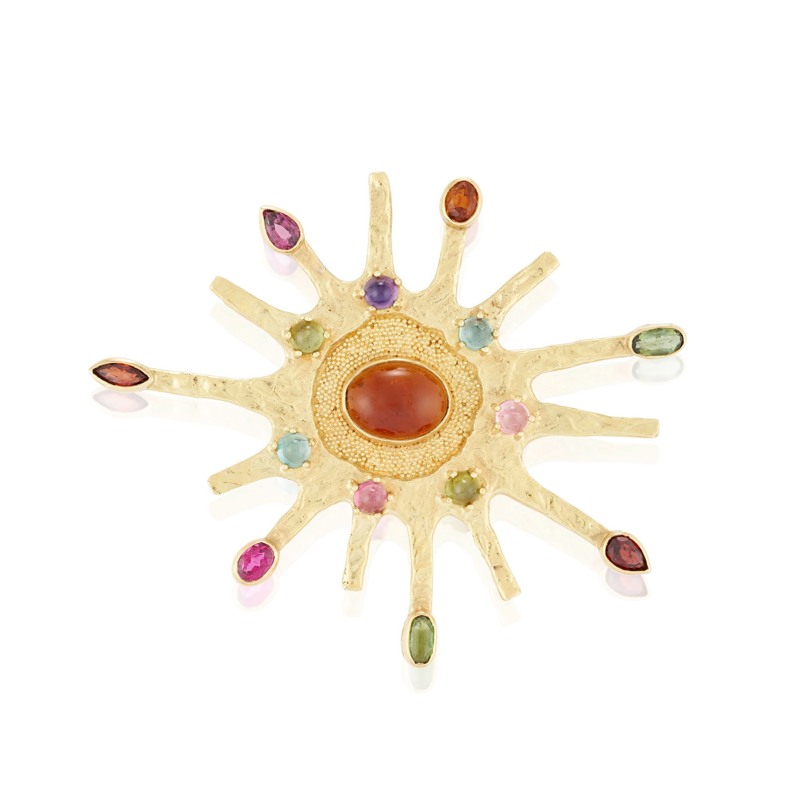 ED WIENER: AN 18K GOLD GEM-SET PENDANT/BROOCH: ED WIENER: AN 18K GOLD GEM-SET PENDANT/BROOCH Designed as a textured abstract star, set with variously cut gemstones including garnet, tourmaline, the central oval cabochon framed with gold granulatio