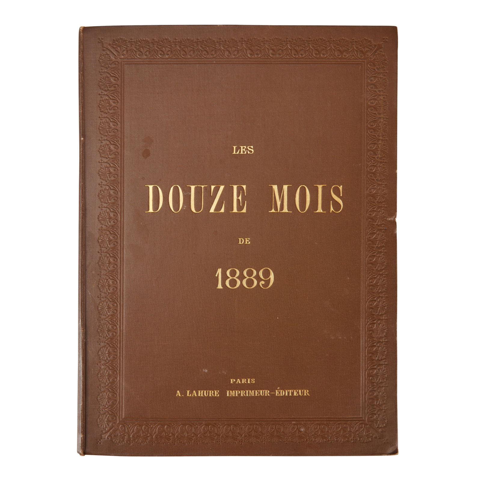 ART NOVEAU CALENDAR BY EUGENE GRASSET GRASSET, EUGENE. 1845-1917. Les Douze Mois de 1889. Paris...: ART NOVEAU CALENDAR BY EUGENE GRASSET GRASSET, EUGENE. 1845-1917. Les Douze Mois de 1889. Paris: A. Lahure, 1889. 4to. Original publisher's gilt-lettered brown cloth. Calendar in book comprising 12 c