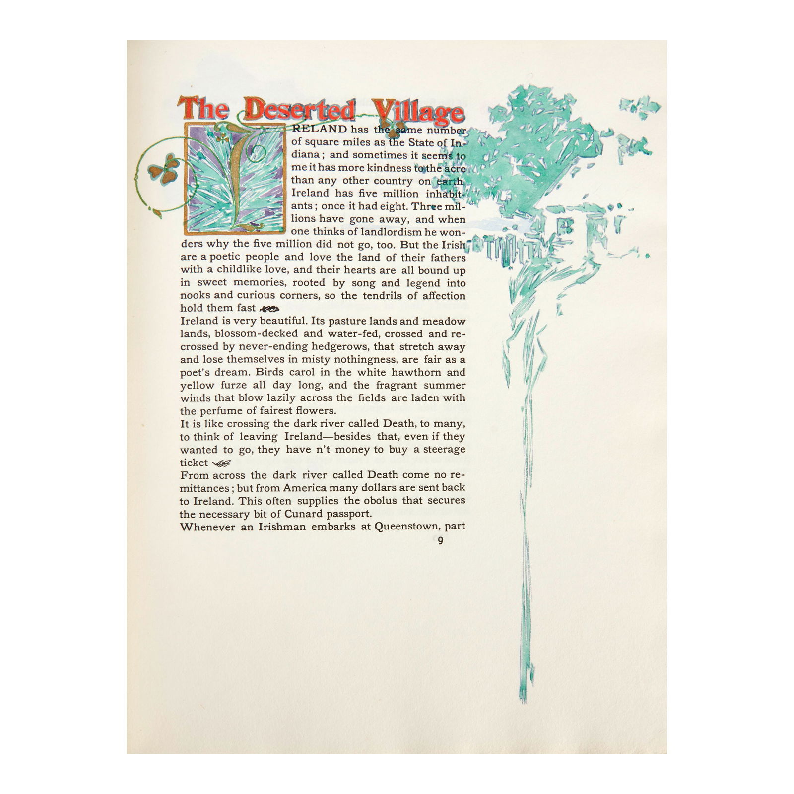 SPECIALLY ILLUMINED FOR ROYCROFT. MAZZANOVICH, LAWRENCE, ILLUMINATION; GOLDSMITH, OLIVER. The De...: SPECIALLY ILLUMINED FOR ROYCROFT. MAZZANOVICH, LAWRENCE, ILLUMINATION; GOLDSMITH, OLIVER. The Deserted Village. East Aurora: Roycroft Press, 1898. 8vo. Publisher's beige paper covered boards, wide gre