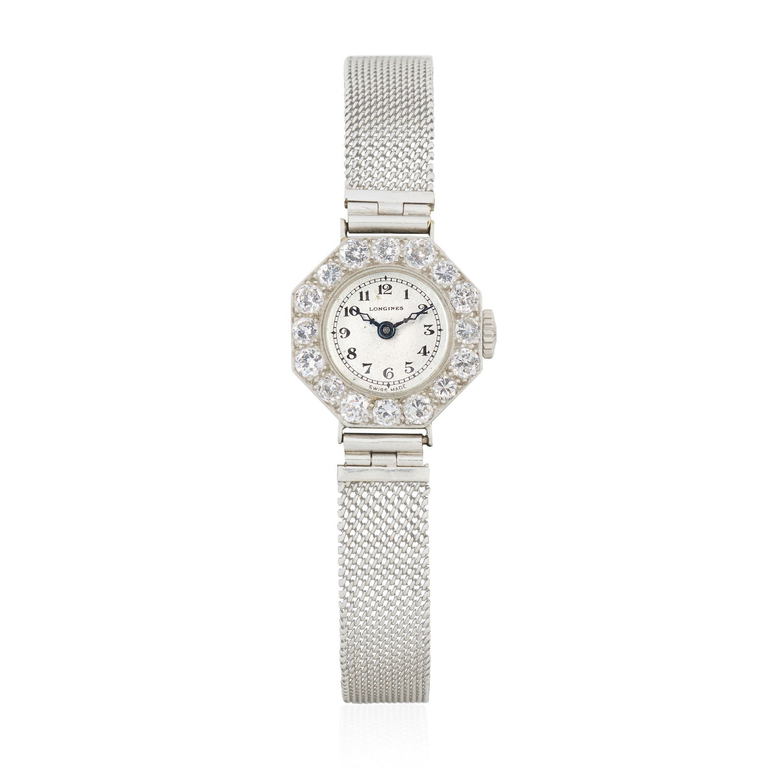 Longines. A lady's platinum diamond set manual wind cocktail watch with 18K white gold bracelet ...: Longines. A lady's platinum diamond set manual wind cocktail watch with 18K white gold bracelet Date: Circa 1930 Movement: 18-jewel Cal.8.37 manual wind Dial: Silvered, black Arabic numeral hour marke