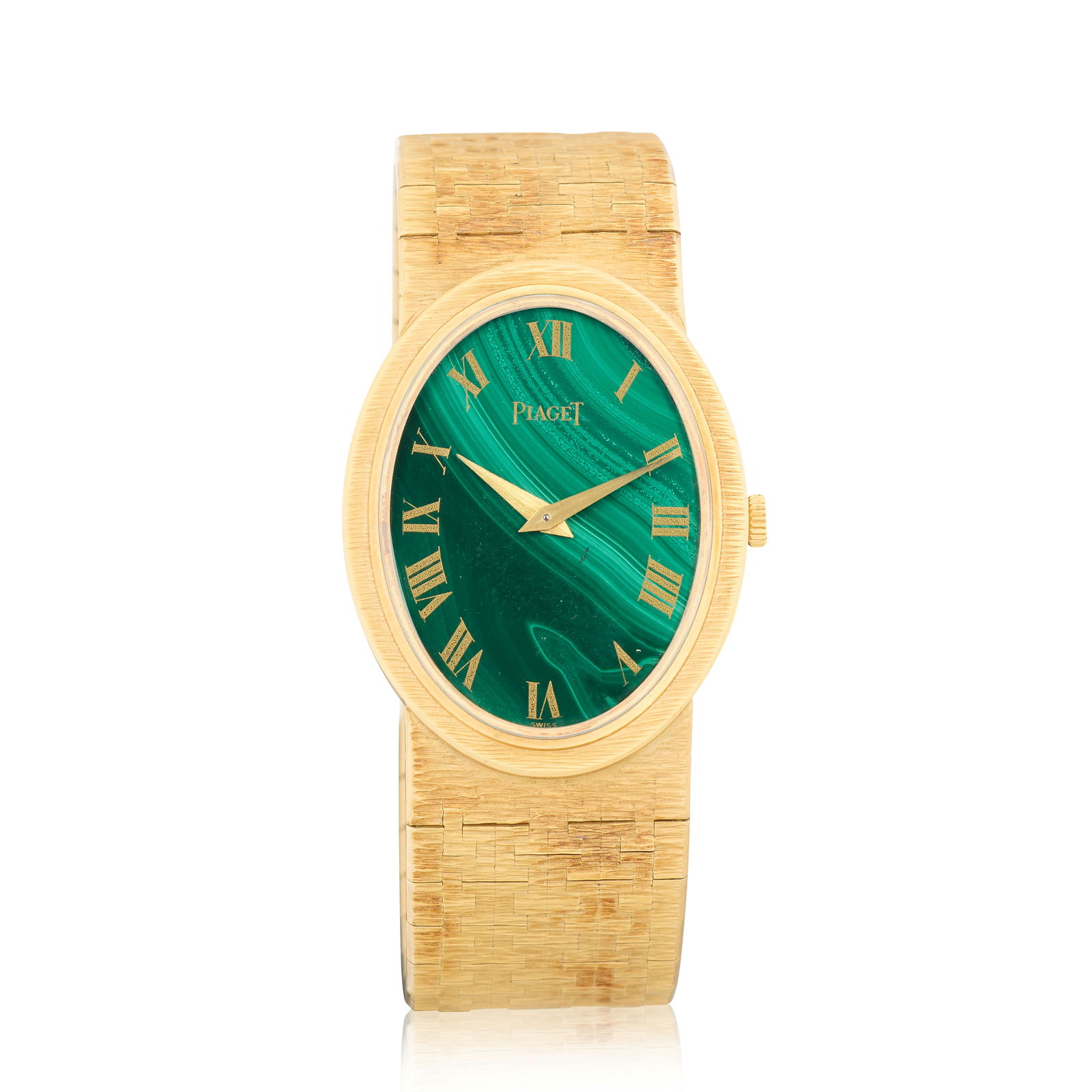 Piaget. An 18K gold manual wind bracelet watch with malachite dial Ref: 9861 A6, Birmingham Impo...: Piaget. An 18K gold manual wind bracelet watch with malachite dial Reference: 9861 A6 Date: Birmingham Import Mark for 1969 Movement: 18-jewel Cal.9P manual wind, No.6904347 Dial: Malachite, gilt Roma
