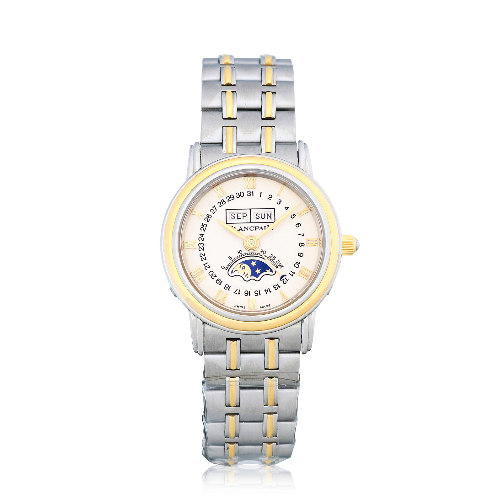 Blancpain. A lady's stainless steel and gold automatic triple calendar bracelet watch with moon ...: Blancpain. A lady's stainless steel and gold automatic triple calendar bracelet watch with moon phase Date: Circa 2000 Movement: Jewelled manual wind Dial: White, applied gilt Roman numeral hour marke