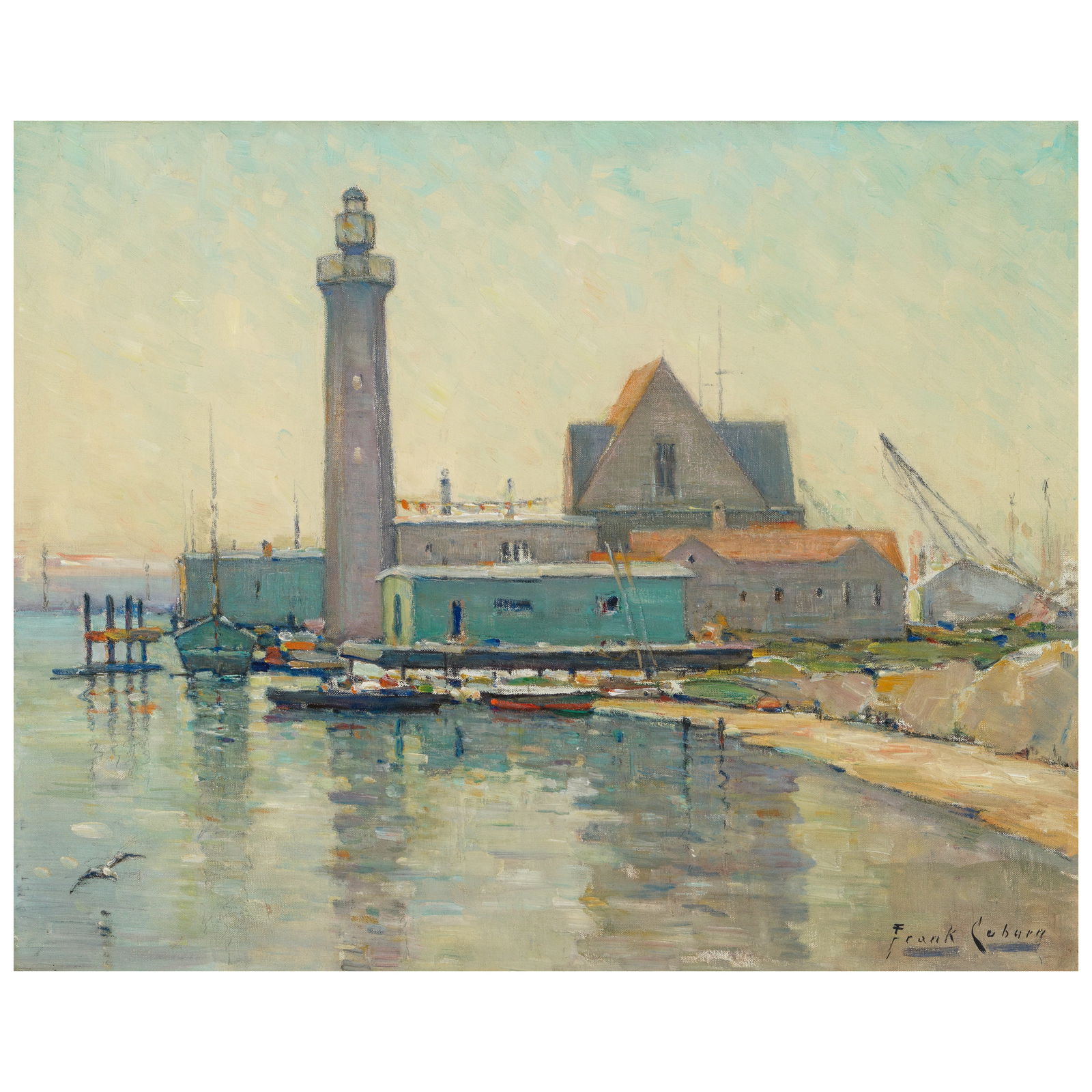 Frank Coburn (1862-1938) Hazy Afternoon - Wilmington (California Yacht Club) 24 x 30 in. (Painte...: Frank Coburn (1862-1938) Hazy Afternoon - Wilmington (California Yacht Club) signed 'Frank Coburn' (lower right) oil on canvas 24 x 30 in. Painted circa 1922. Footnotes: Provenance O