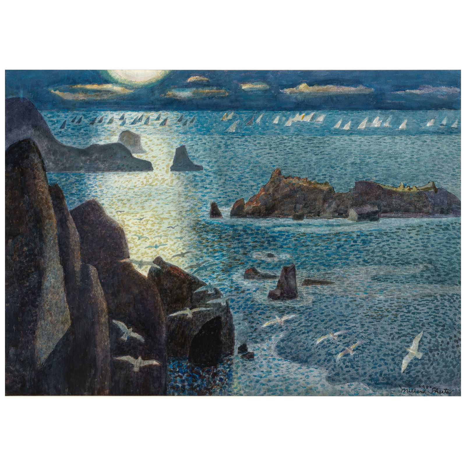 Millard Sheets (1907-1989) Moonlight Regatta sheet 29 1/2 x 41 in.: Millard Sheets (1907-1989) Moonlight Regatta signed and dated '1986 / Millard Sheets' (lower right) watercolor and graphite on paper sheet 29 1/2 x 41 in. Footnotes: Provenance Stary-Sheets Art