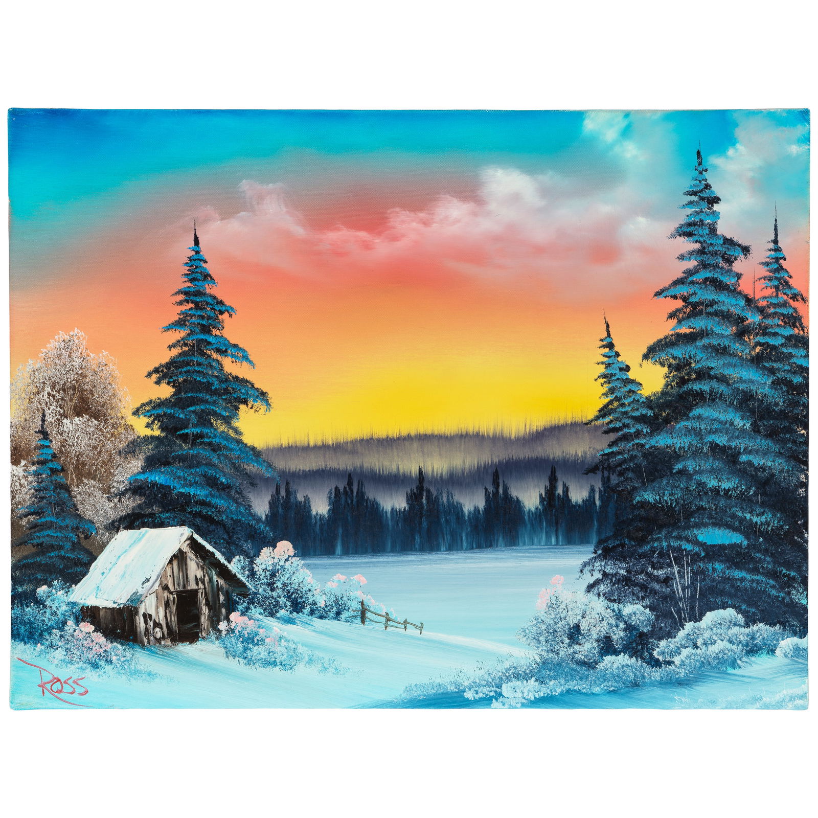 Bob Ross (1942-1995) Winter's Peace 18 x 24 in. unframed (Painted in 1993.): Bob Ross (1942-1995) Winter's Peace signed 'Ross' (lower left) and inscribed and dated '#3003 TV 20 OCT 93' (on the stretcher) Bob Ross Wet-on-Wet Technique® on canvas 18 x 24 in. unframed Paint