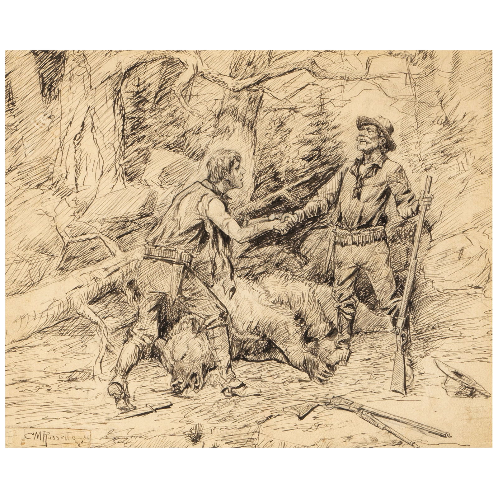 Charles Marion Russell (1864-1926) A Friend in Need is a Friend Indeed sheet 9 1/4 x 11 1/4 in. ... (1 of 1)