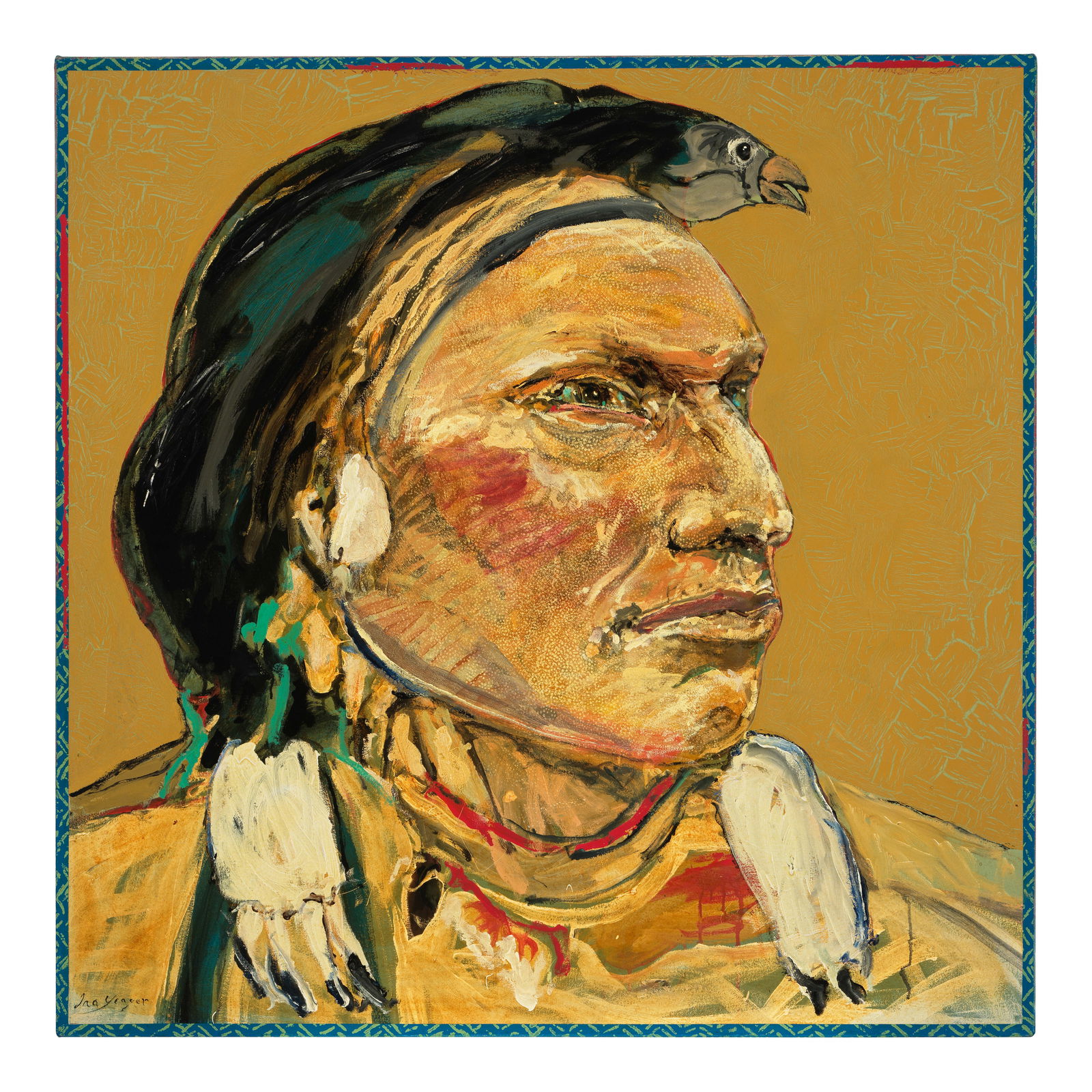 Ira Yeager (born 1938) Native American with Bird Headdress 48 x 48 in.  unframed (Painted in 199... (1 of 1)