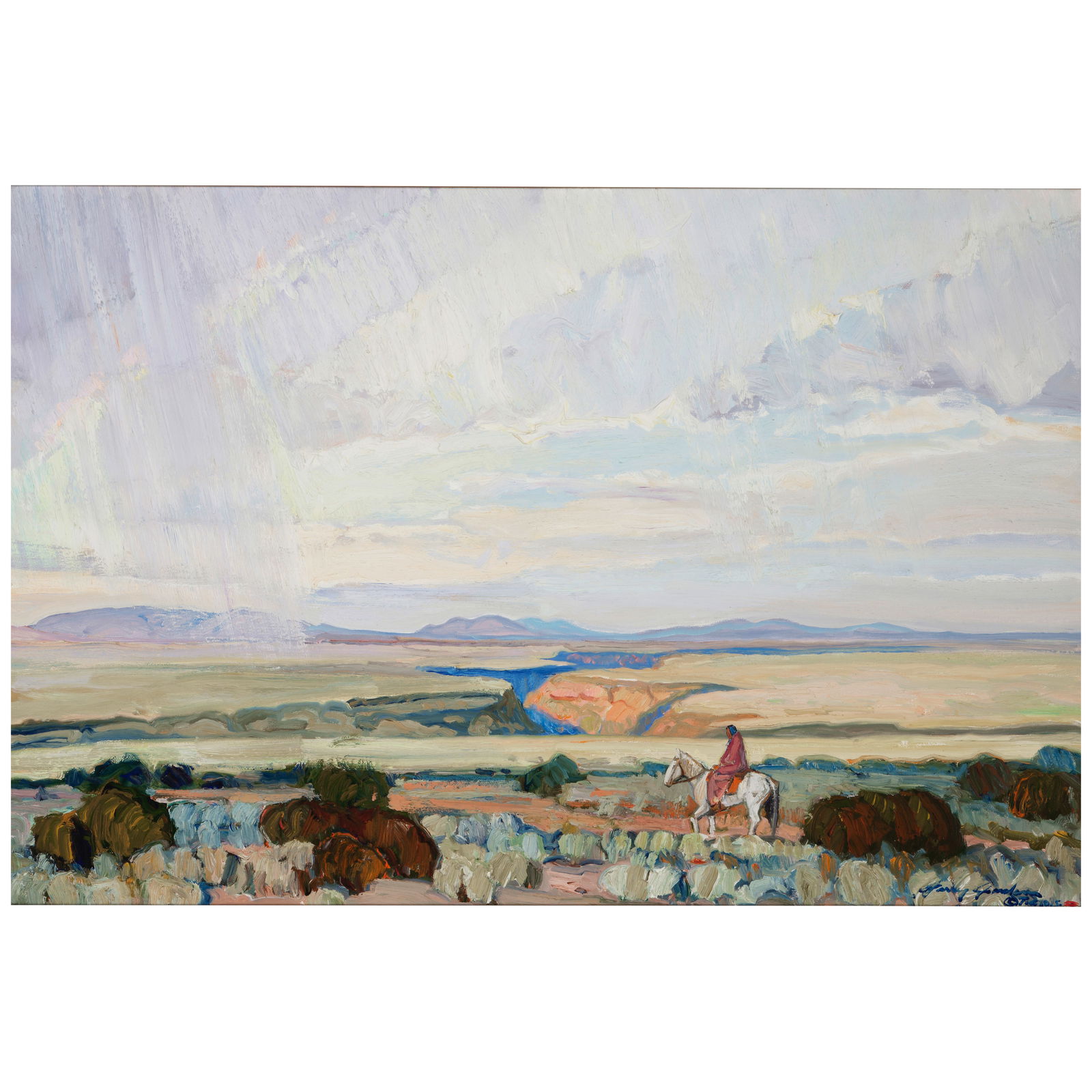 Jerry Jordan (born 1944) Where the Trail Will Wind 20 x 30 in.: Jerry Jordan (born 1944) Where the Trail Will Wind signed and inscribed 'Jerry Jordan / © T.A.O.S.' (lower right) and signed again and titled (on the backing board) oil on canvas 20 x 30 in. Foot