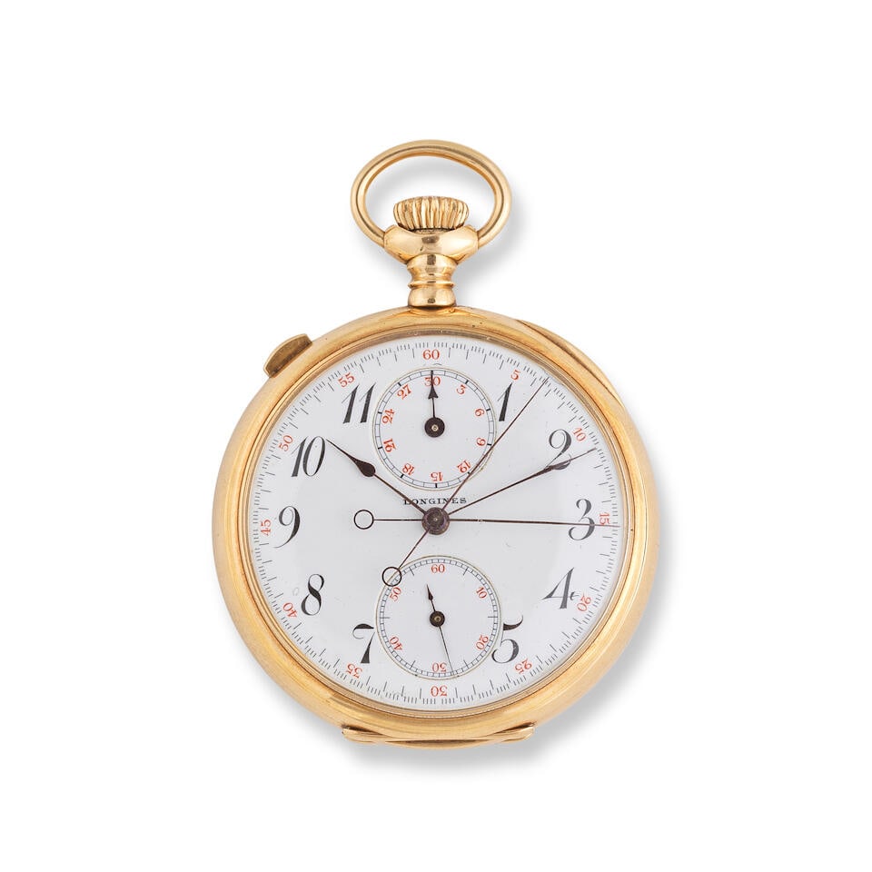 Longines. A fine 14k rose gold keyless wind split second open face chronograph Longines. Beau ch...: Longines. A fine 14k rose gold keyless wind split second open face chronograph Longines. Beau chronographe de poche à cadran ouvert en or rose 14K (585) avec fonction rattrapante et remontoir au