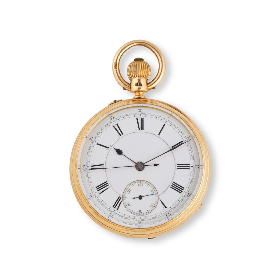An 18K gold open face keyless wind chronograph pocket watch Chronographe de poche à cadran ... (1 of 2)