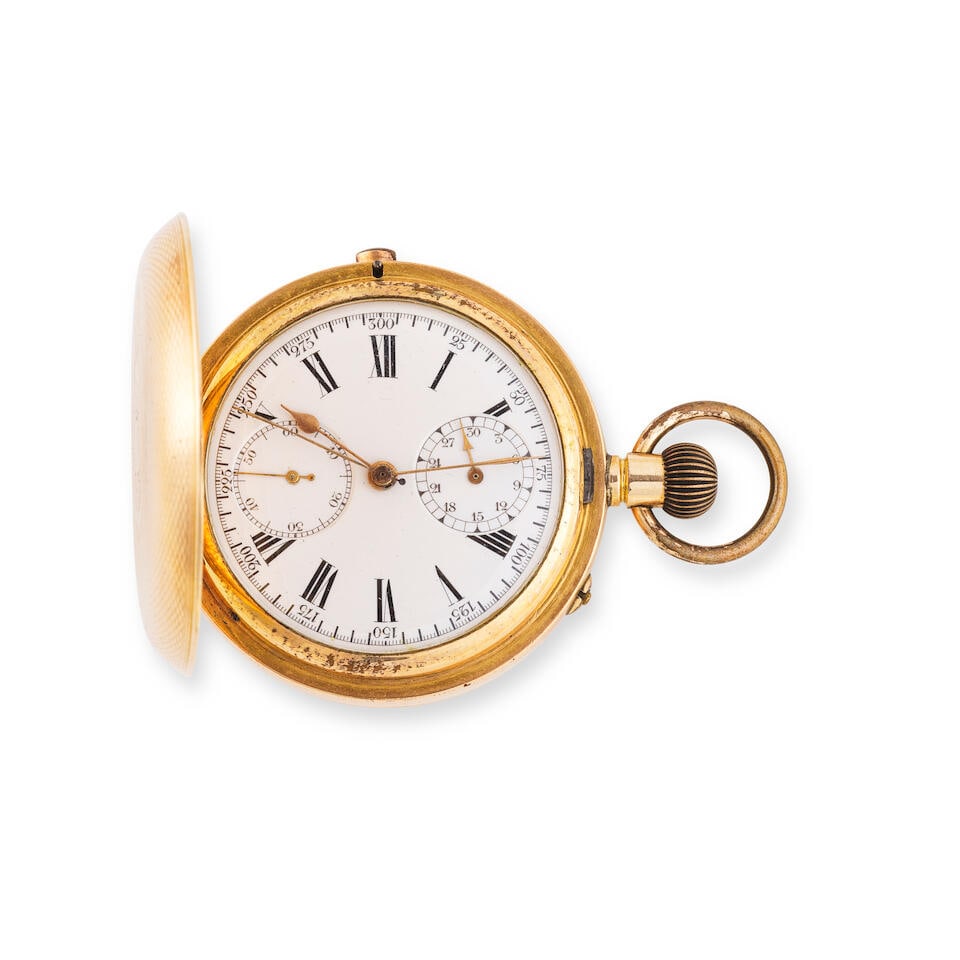 A gold plated full hunter keyless wind chronograph pocket watch Chronographe de poche à cla... (1 of 3)