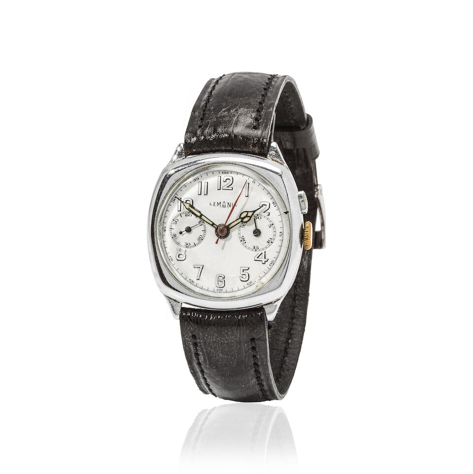 Lemania. A nickel chrome manual wind single button chronograph wristwatch  Lemania. Chronographe... (1 of 1)