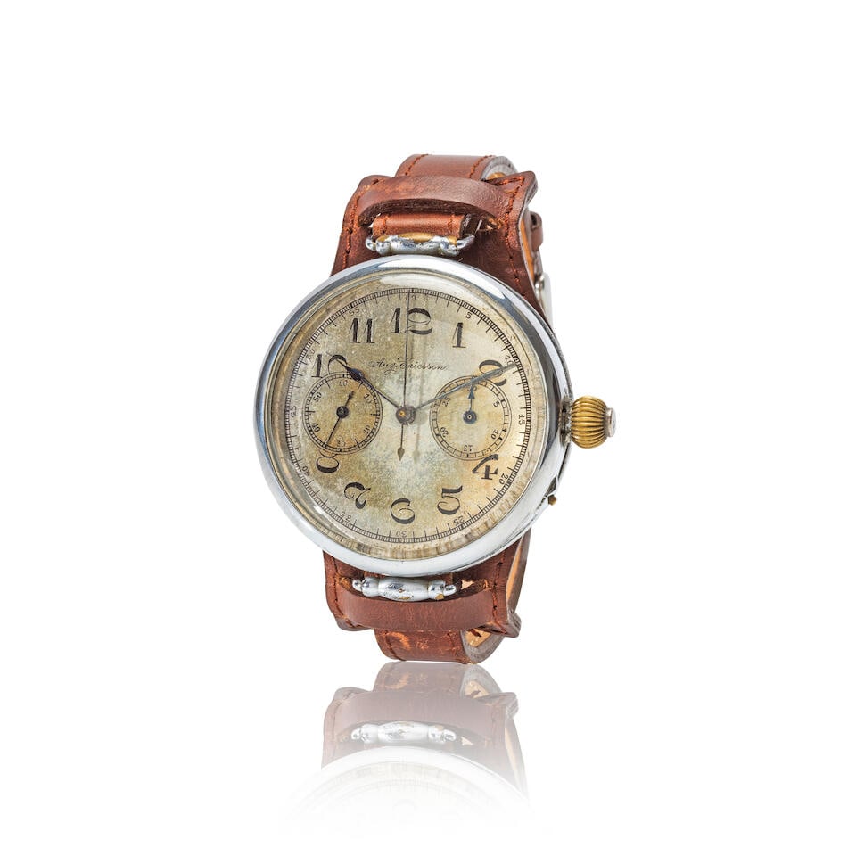 Auguste Ericsson. A base metal manual wind single button chronograph wristwatch Auguste Ericsson...: Auguste Ericsson. A base metal manual wind single button chronograph wristwatch Auguste Ericsson. Chronographe bracelet mono-poussoir en métal mouvement mécanique Date: Circa 1930 Movement:
