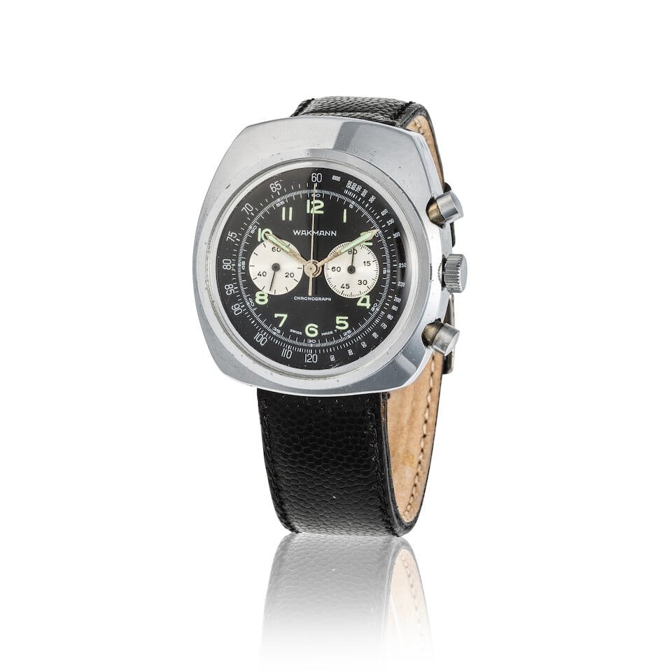 Wakmann. A chrome plated manual wind chronograph wristwatch Wakmann. Chronographe bracelet en pl... (1 of 1)